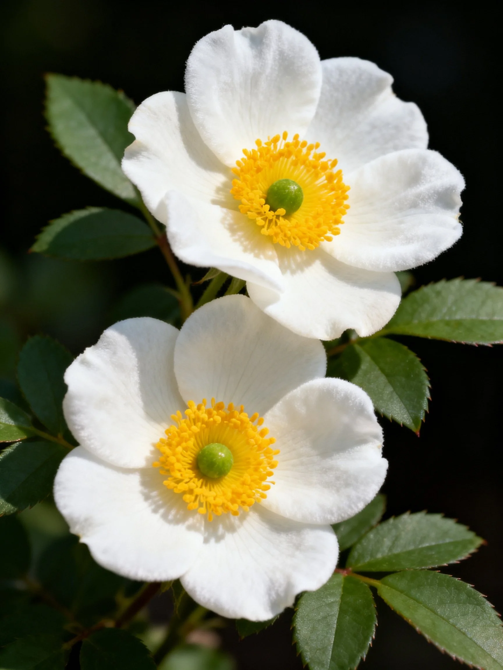 Two white flowers with bright yellow centers and green leaves