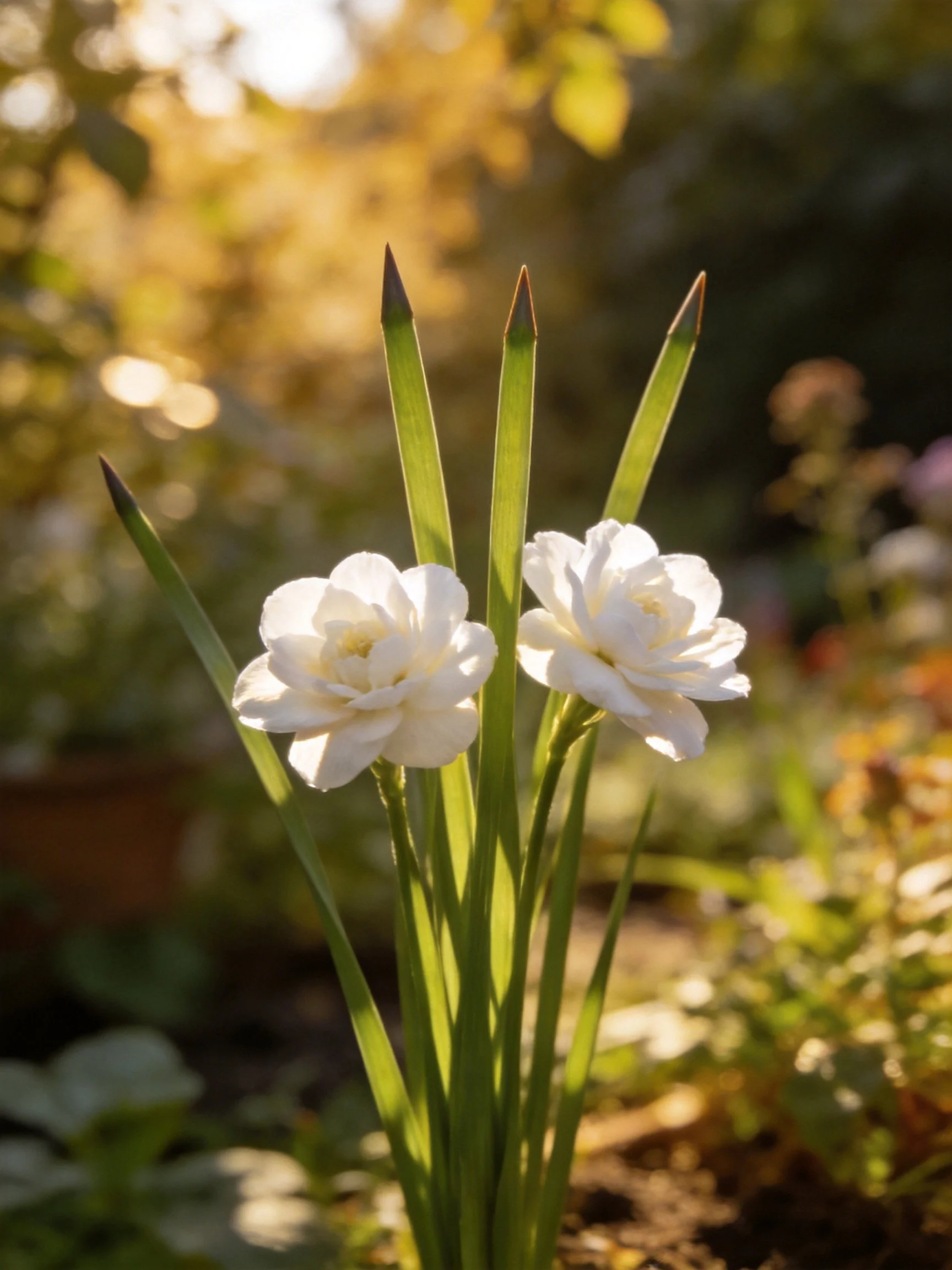 Two white flowers with long green stems in a sunlit garden