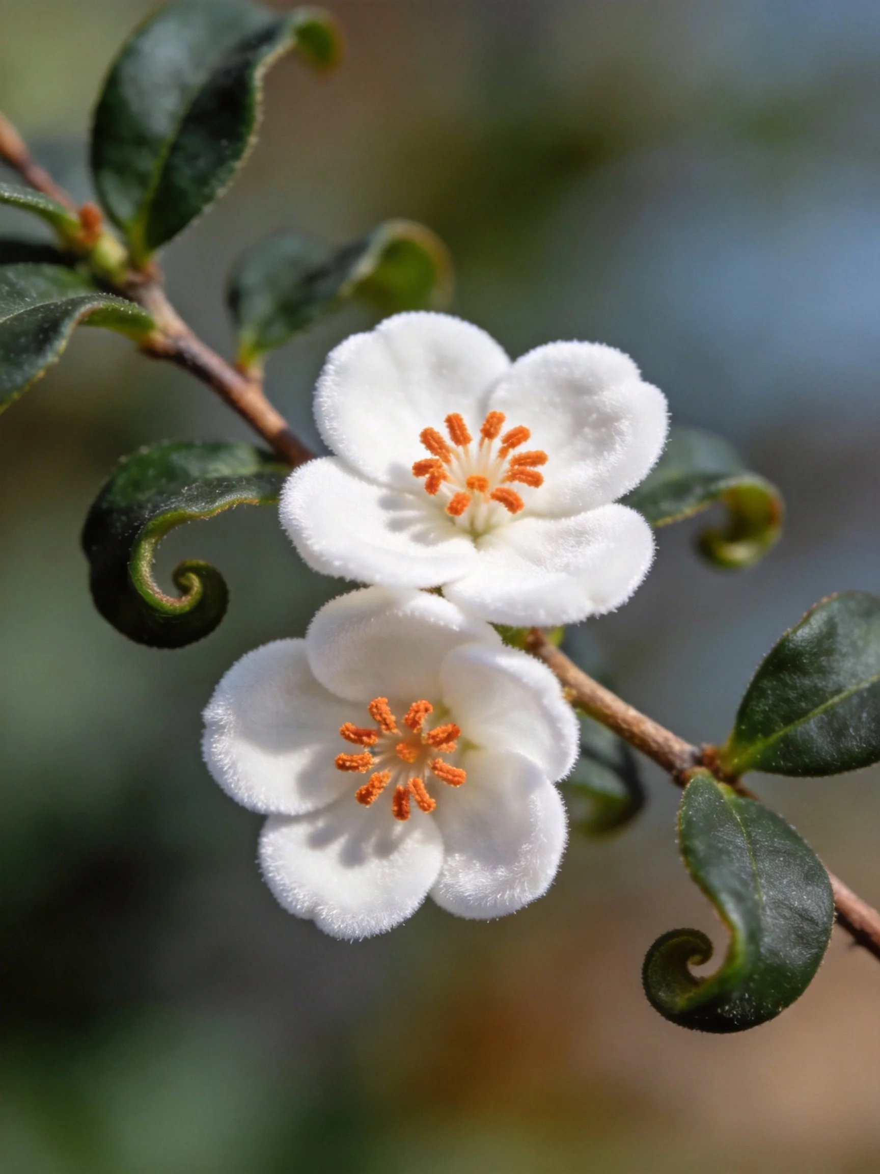 Two white flowers with orange stamens on a branch with dark green leaves