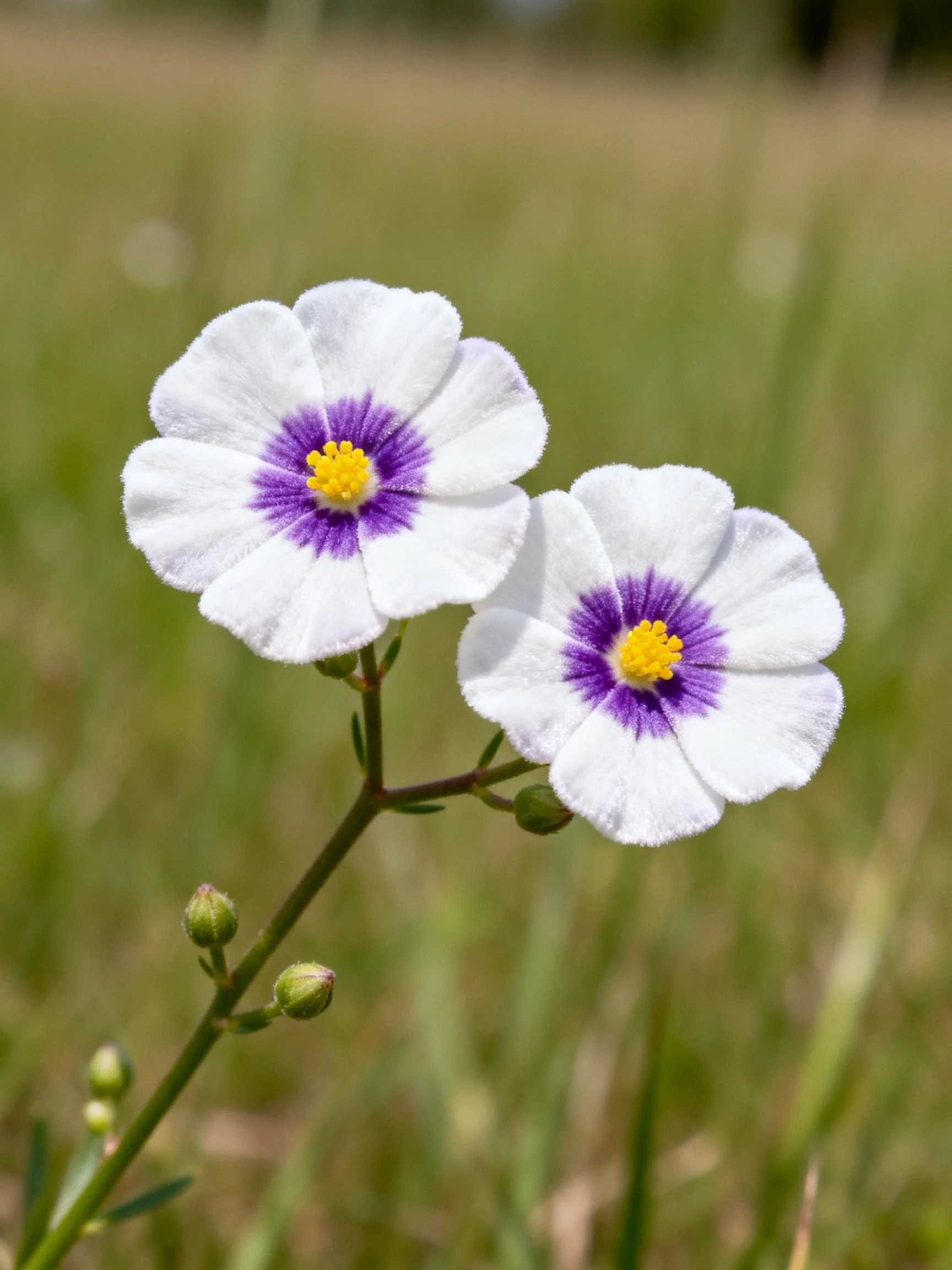 Two white flowers with purple centers bloom near green buds in a grassy field