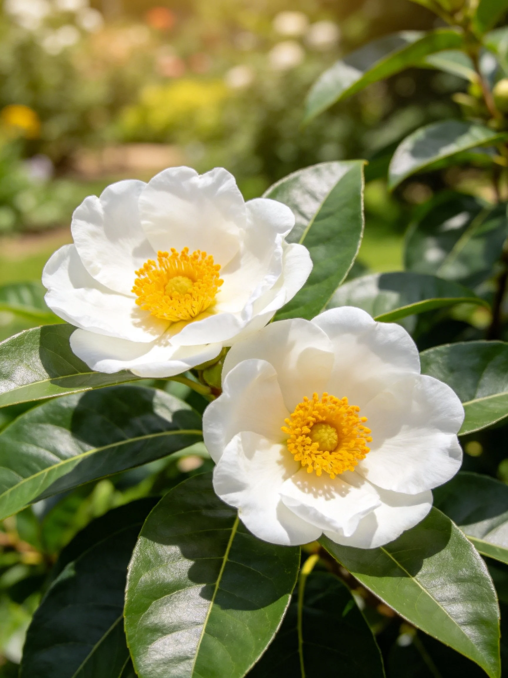 Two white flowers with yellow centers are nestled among lush green foliage.