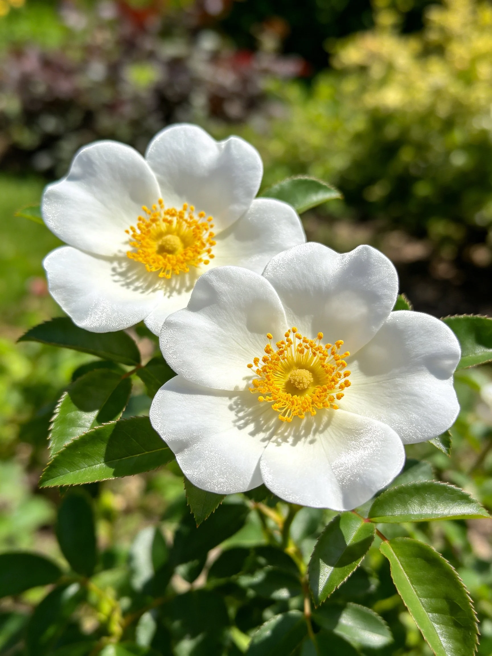 Two white flowers with yellow centers among green leaves