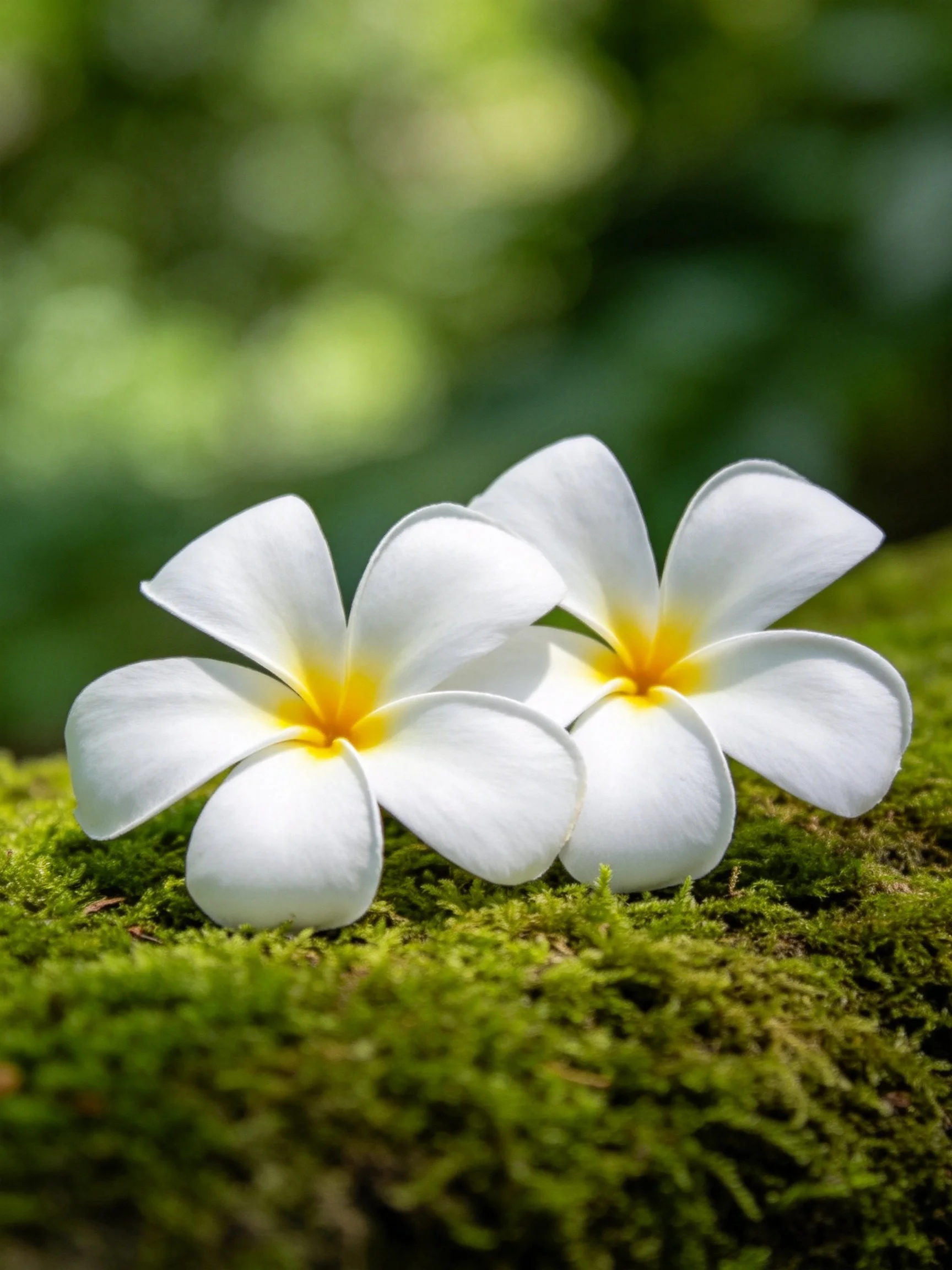 Two white frangipani flowers rest on vibrant green moss