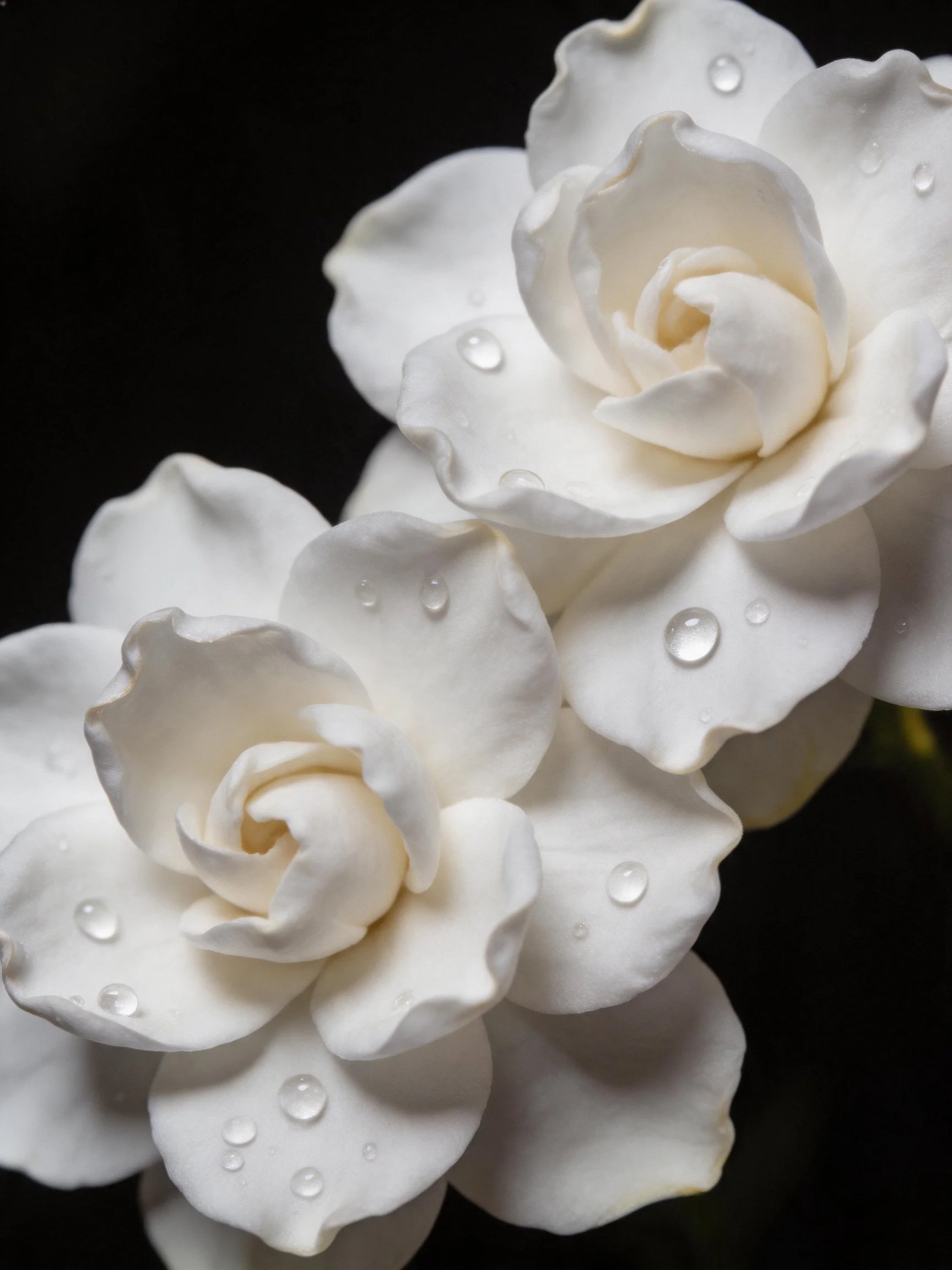 Two white gardenia blooms adorned with water droplets