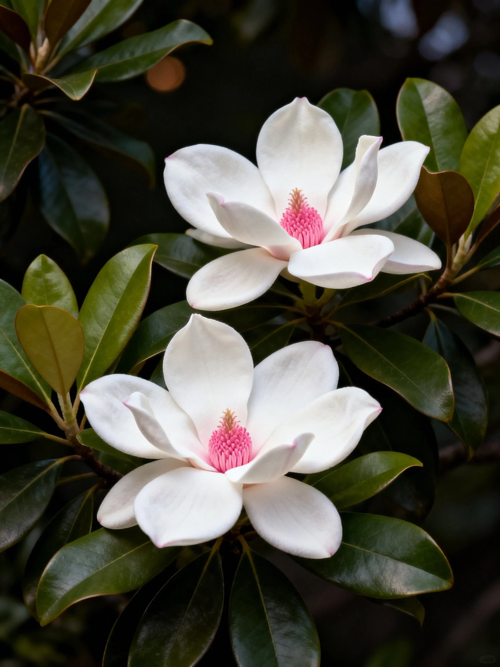 Two white magnolia blooms with pink centers amid glossy dark green leaves