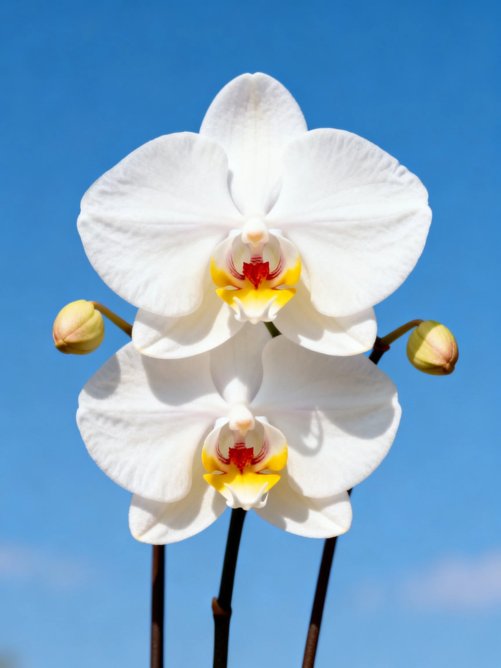Two white orchid blooms with yellow-red centers against clear blue sky