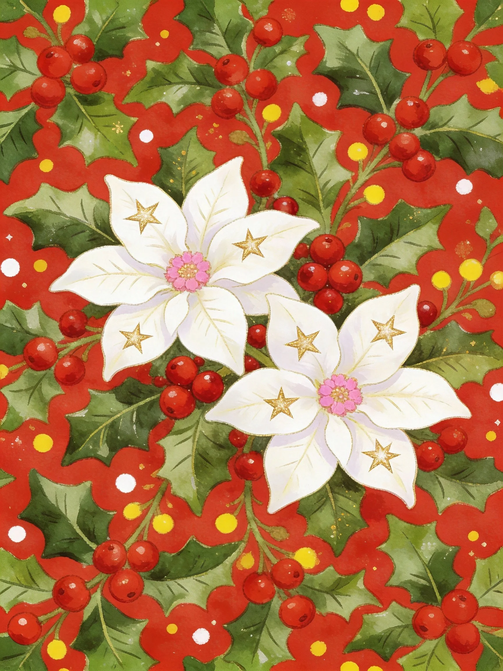 Two white poinsettias with gold stars amid holly leaves and red berries