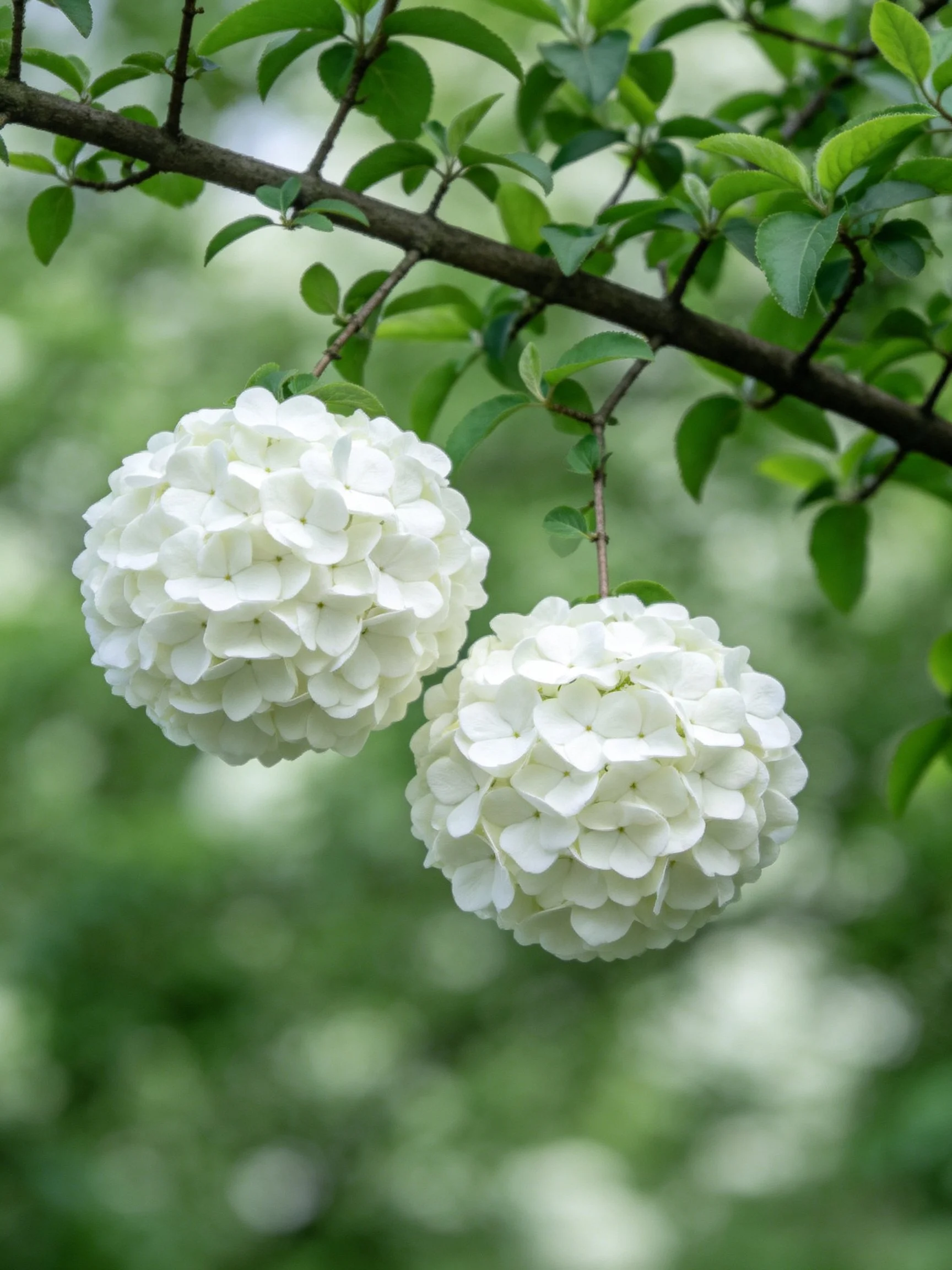 Two white spherical flower clusters hang from a dark brown tree branch
