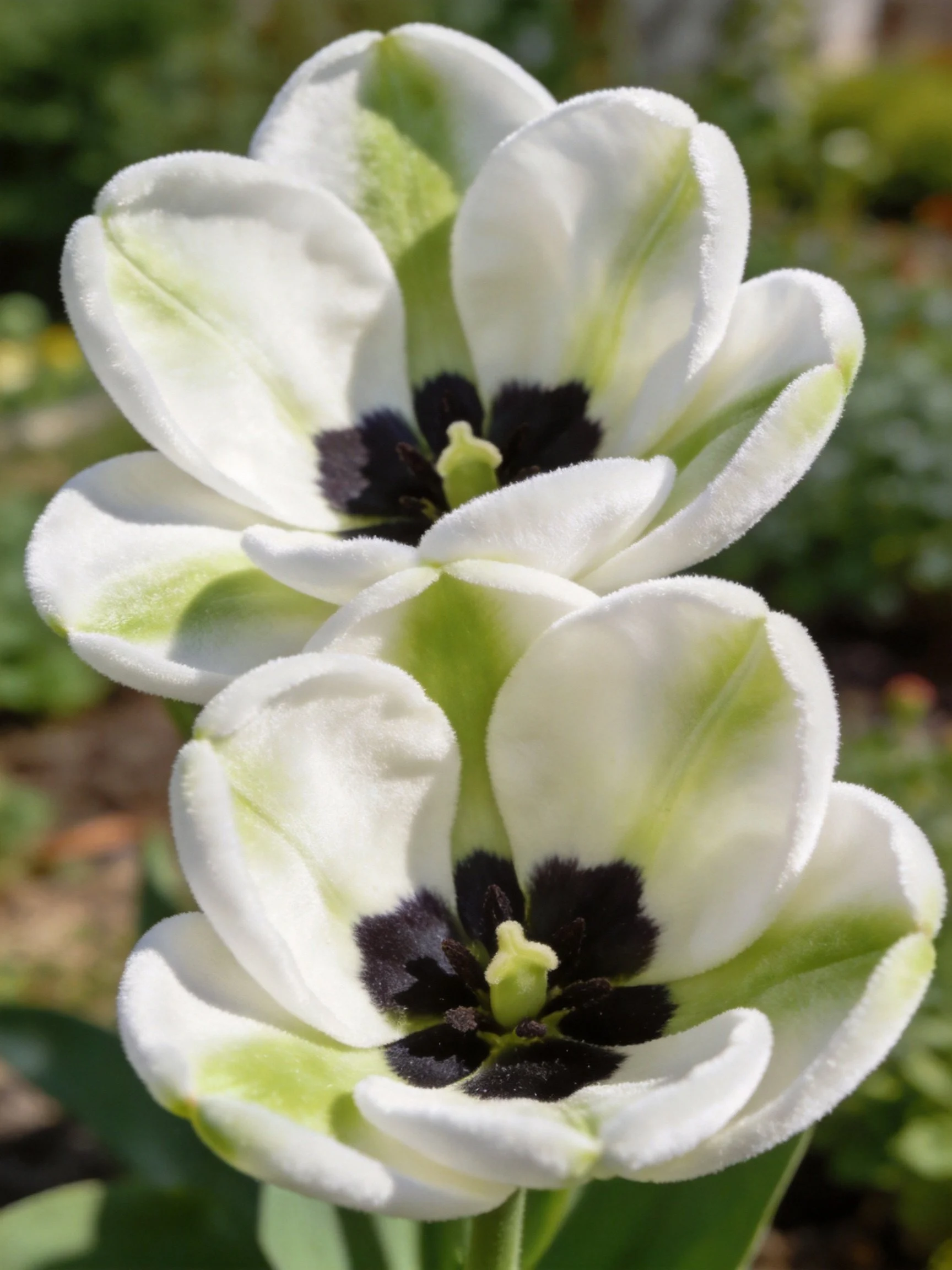 Two white tulips with green streaks and black centers