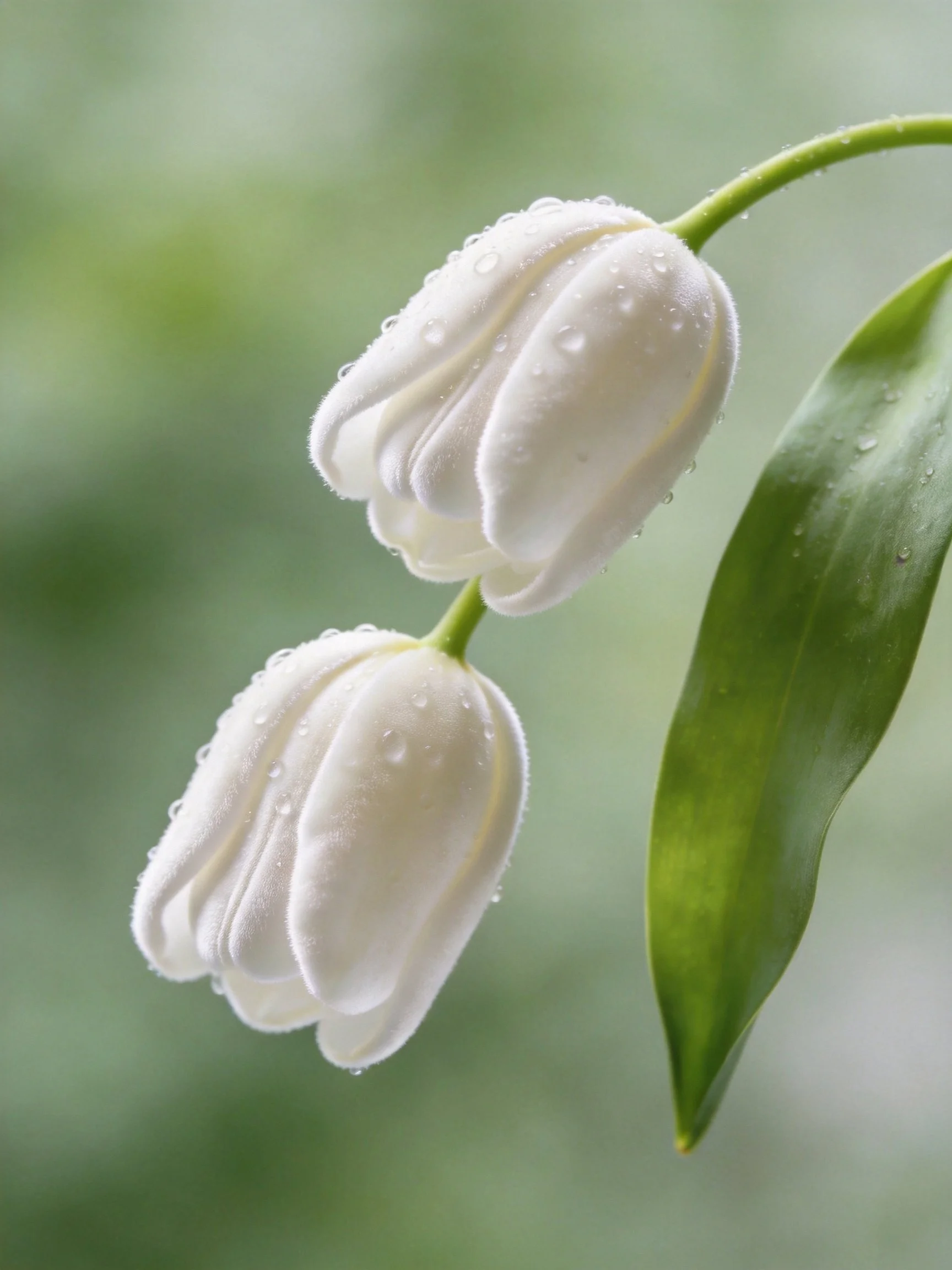 Two white tulips with water droplets on green stem and leaf
