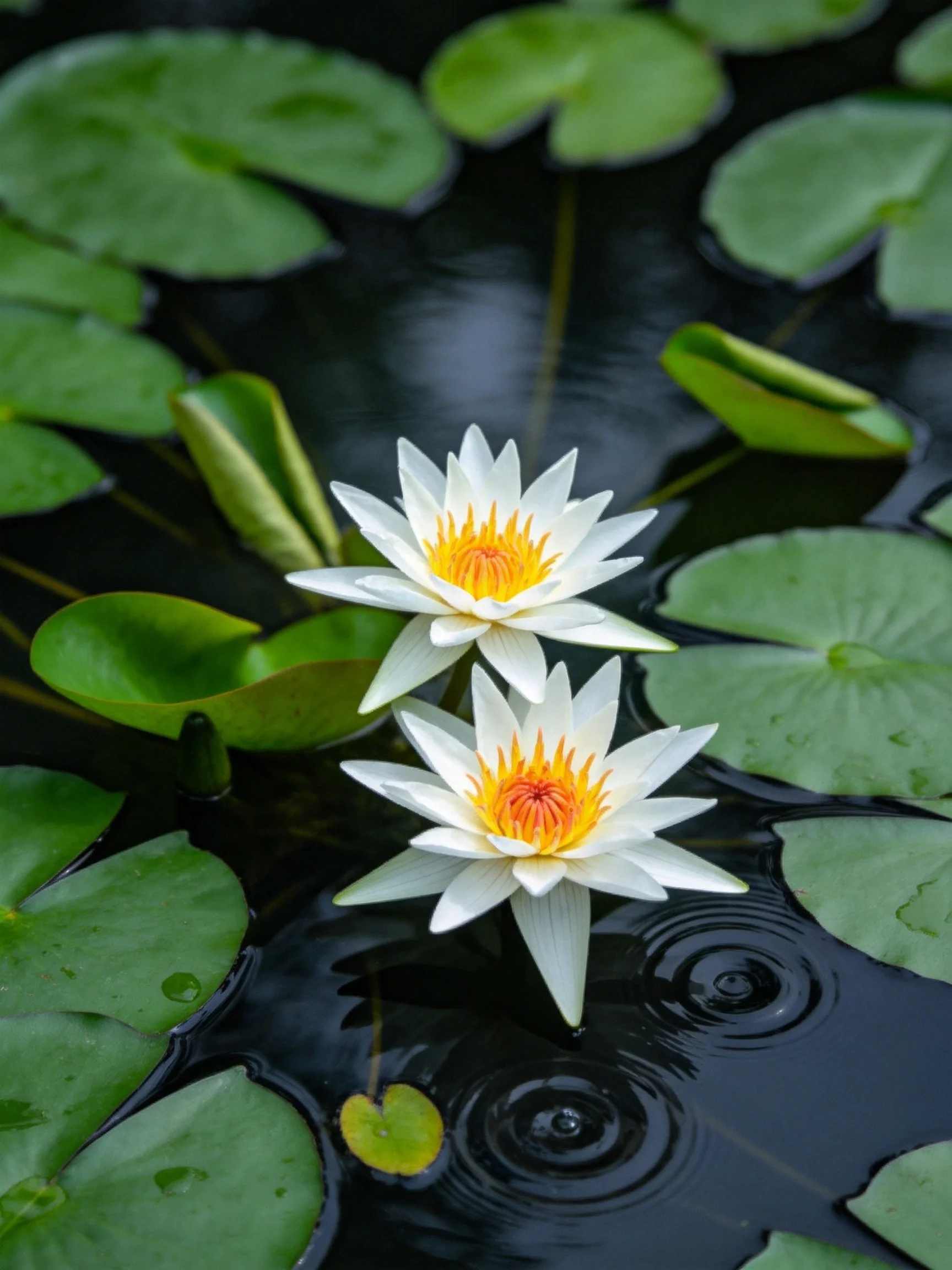 Two white water lilies float among green lily pads in dark water.