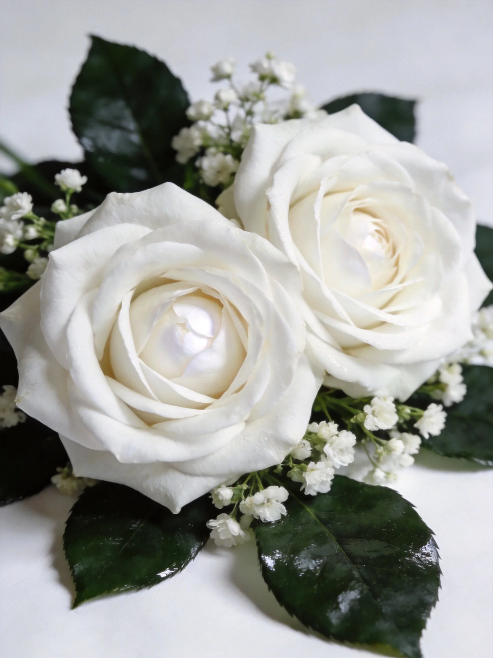 Two whiteroses with baby’s breath and dark green leaves
