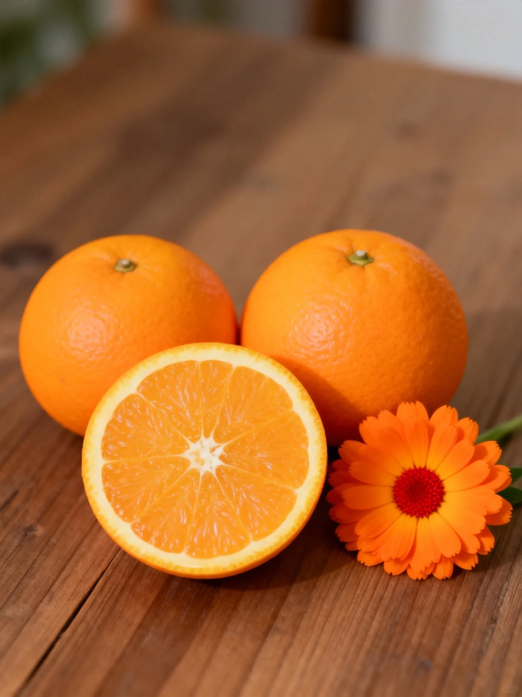 Two whole oranges, one halved, and an orange flower on wood