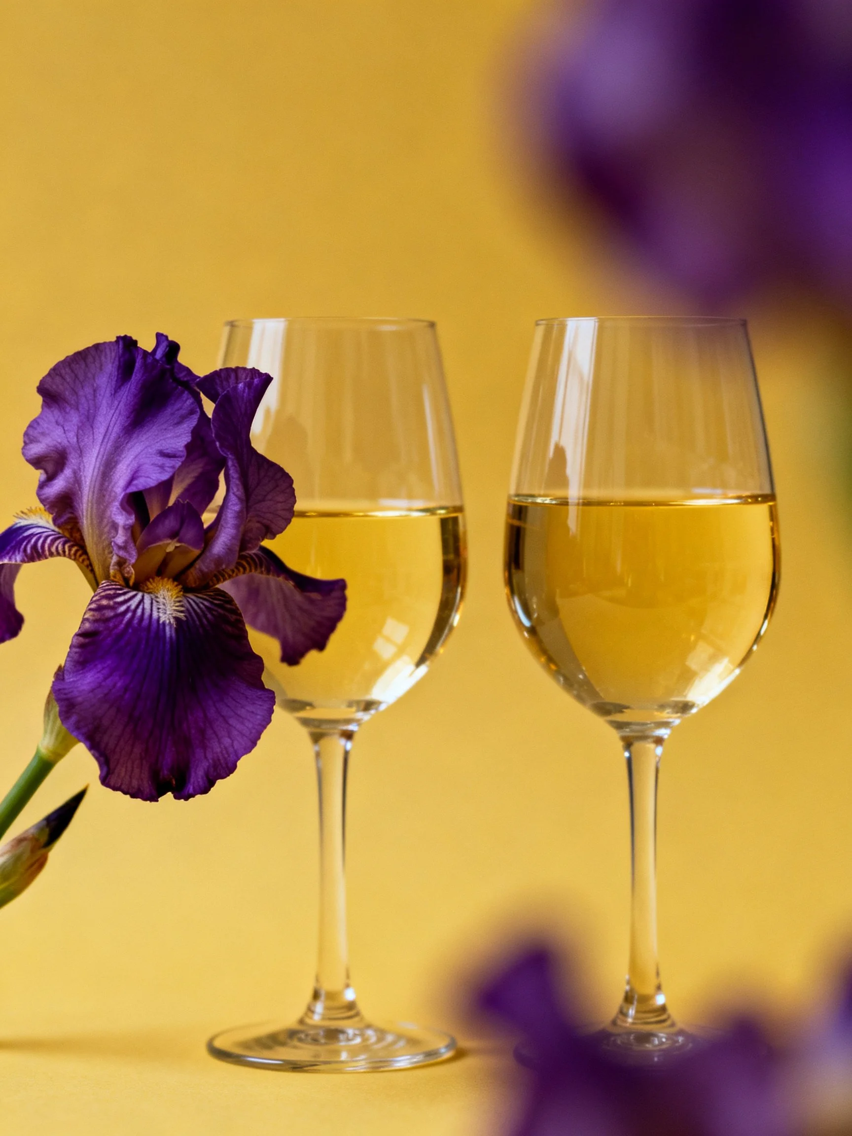 Two wine glasses with white wine beside a purple iris on yellow backdrop