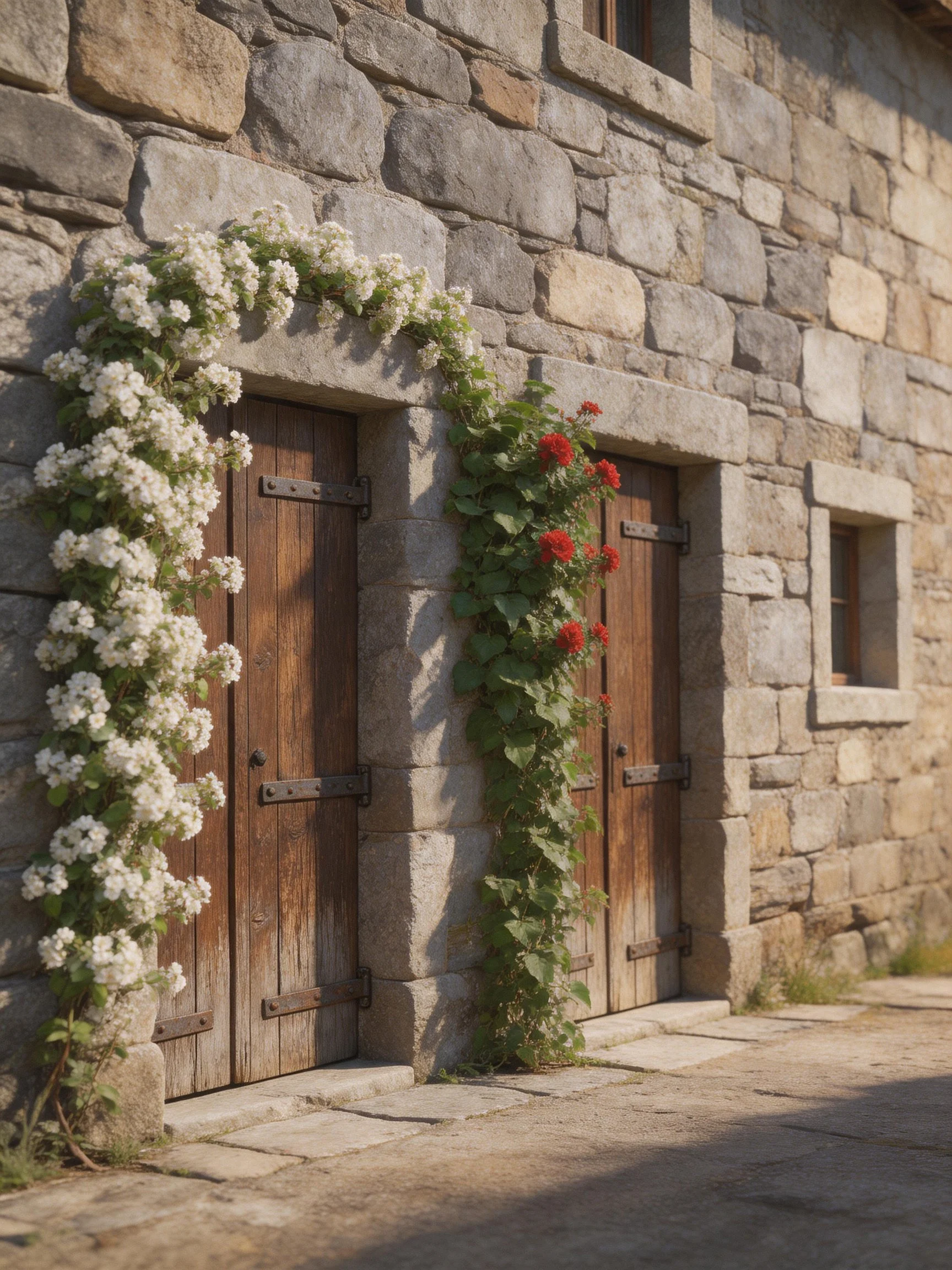 Two woodendoors on a stone wall with white and red flowering vines