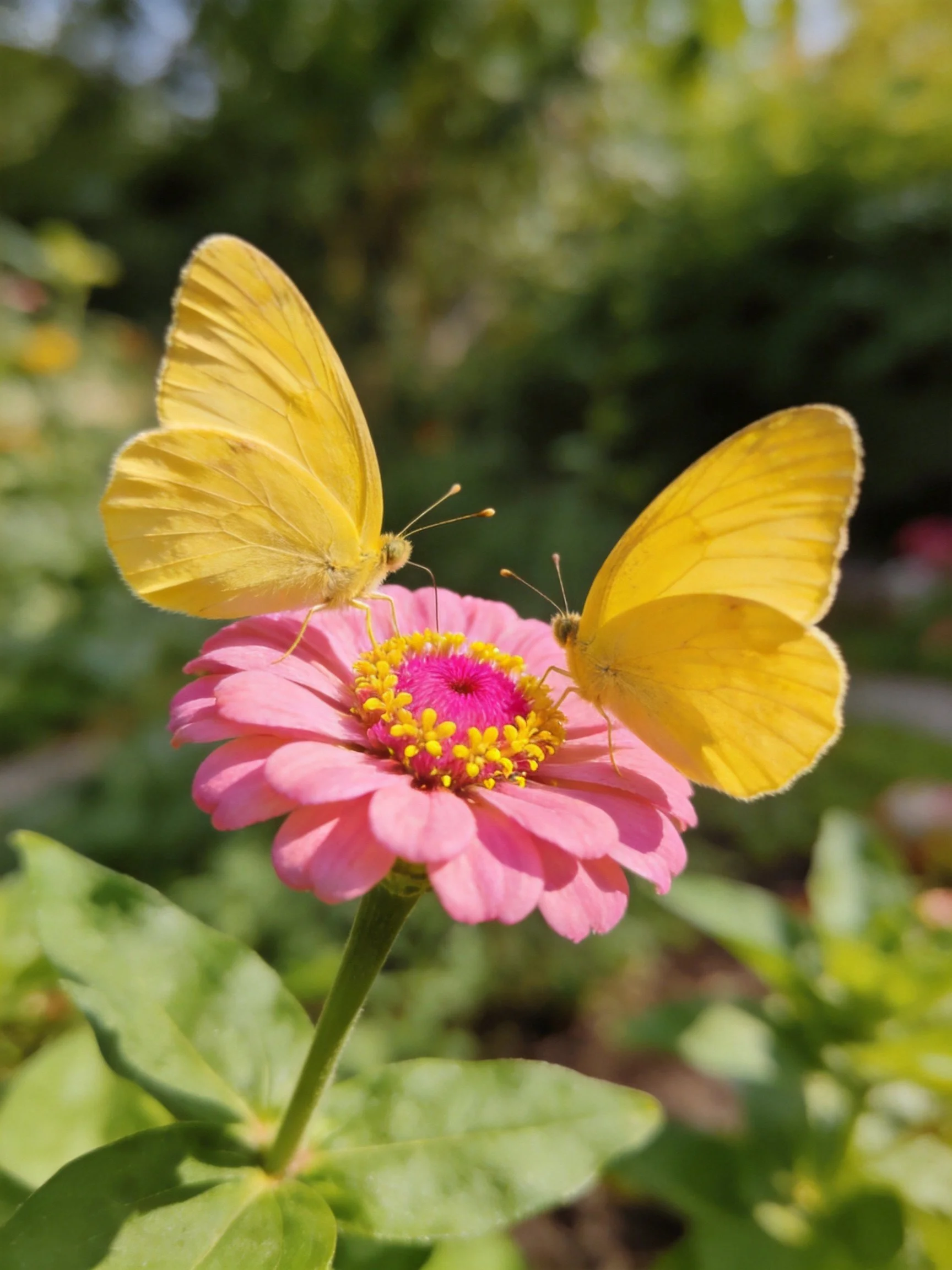 Two yellow butterflies on a pink zinnia flower