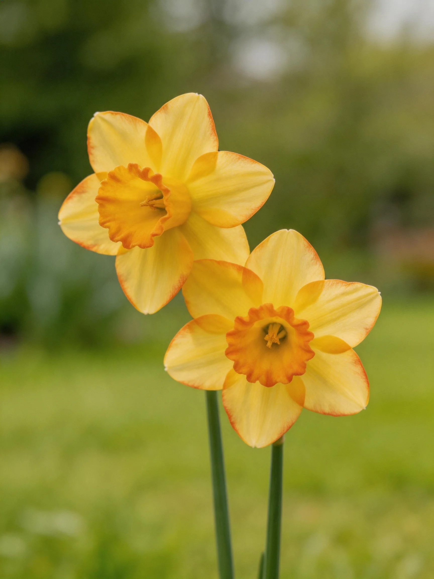 Two yellow daffodil blooms with orange accents in a garden