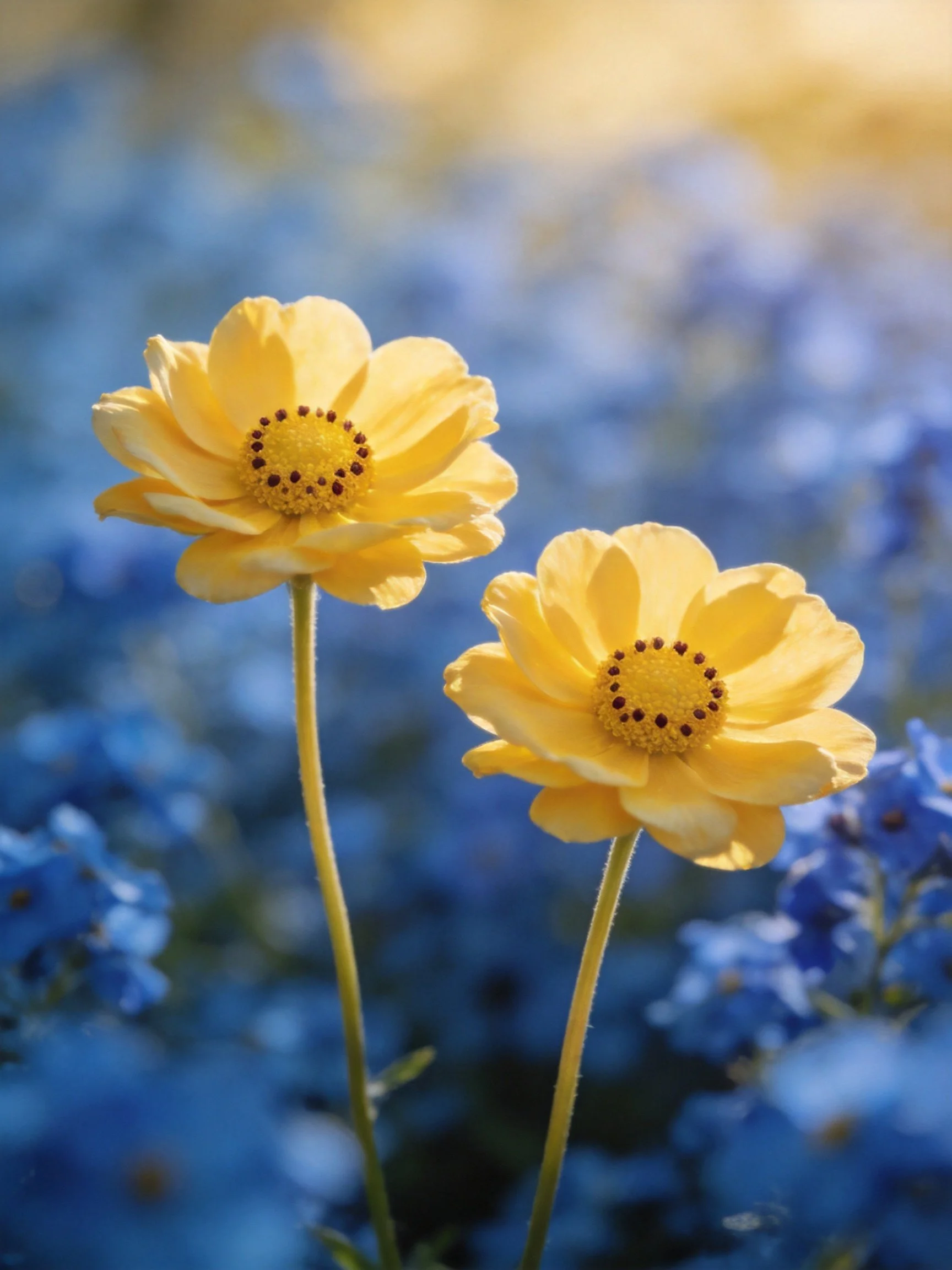 Two yellow flowers stand out against a soft blue floral backdrop