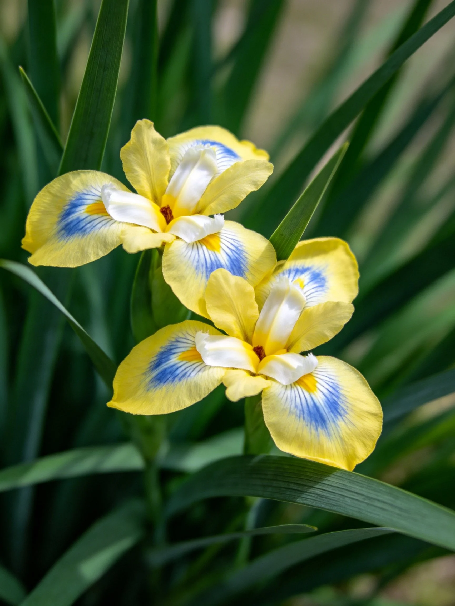Two yellow iris flowers with blue and white details among green leaves