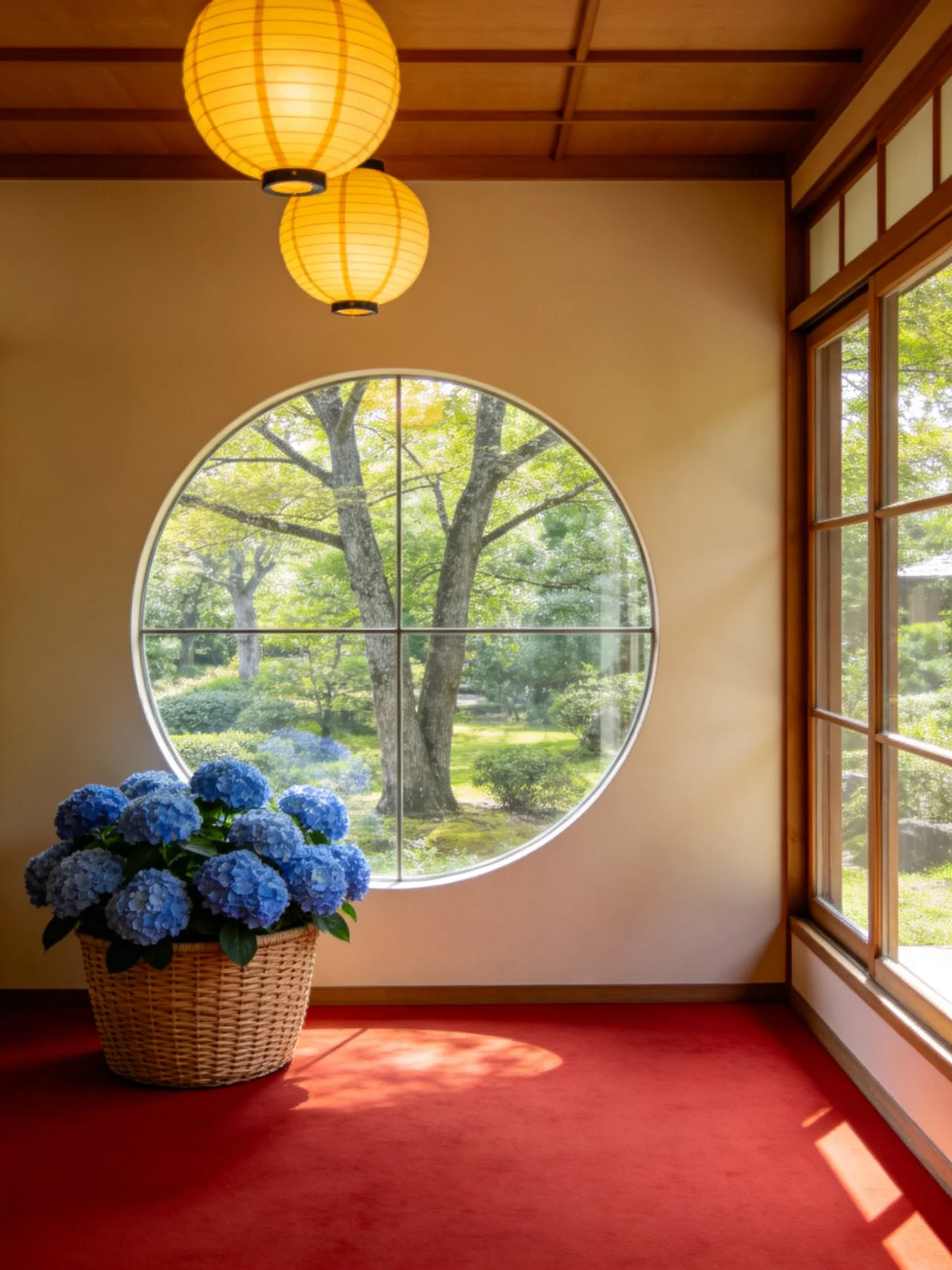 Two yellow lanterns hang above a room with a round window, blue hydrangeas, and red carpet.