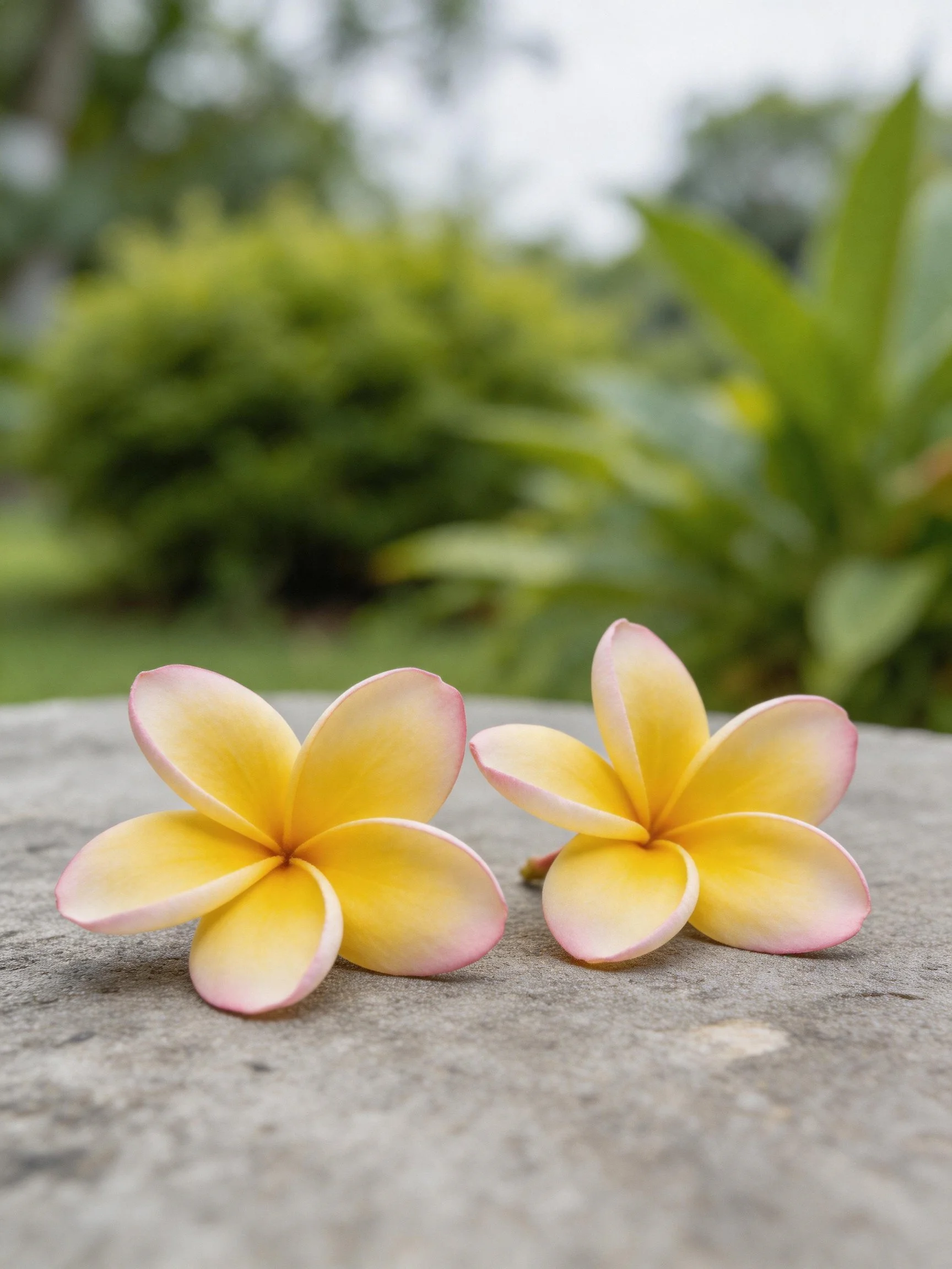 Two yellow-pink plumeria blooms sit atop a textured stone slab