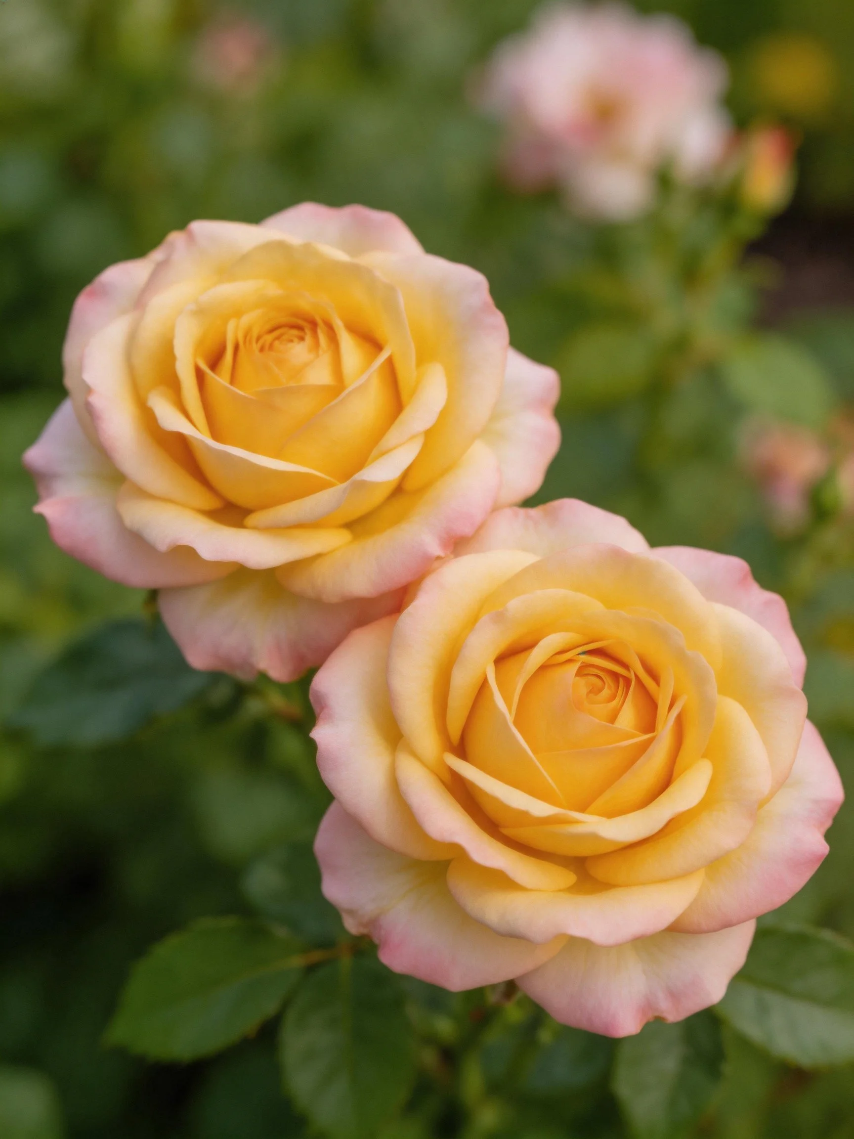 Two yellow-pink roses bloom amid lush green foliage