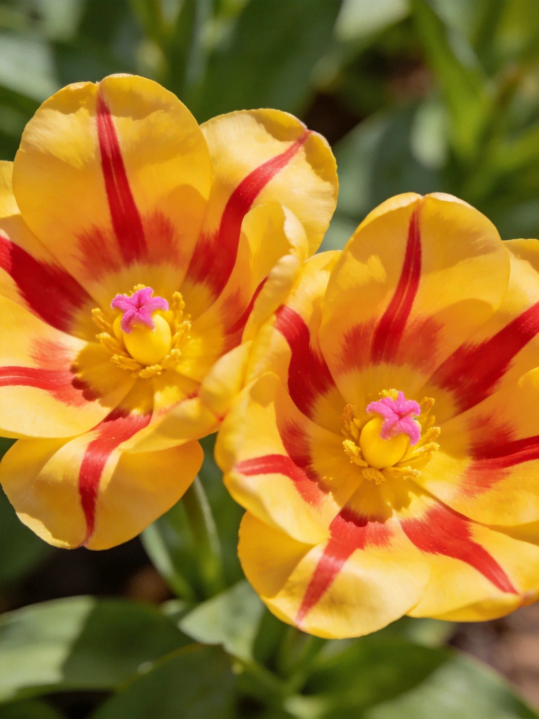 Two yellow tulips with red stripes blooming in sunlight