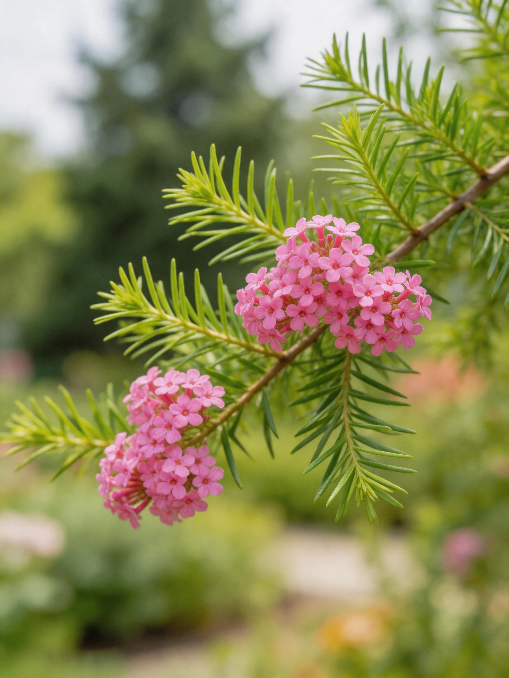 Twoclusters of pink flowers adorn a branch with green needle - like leaves