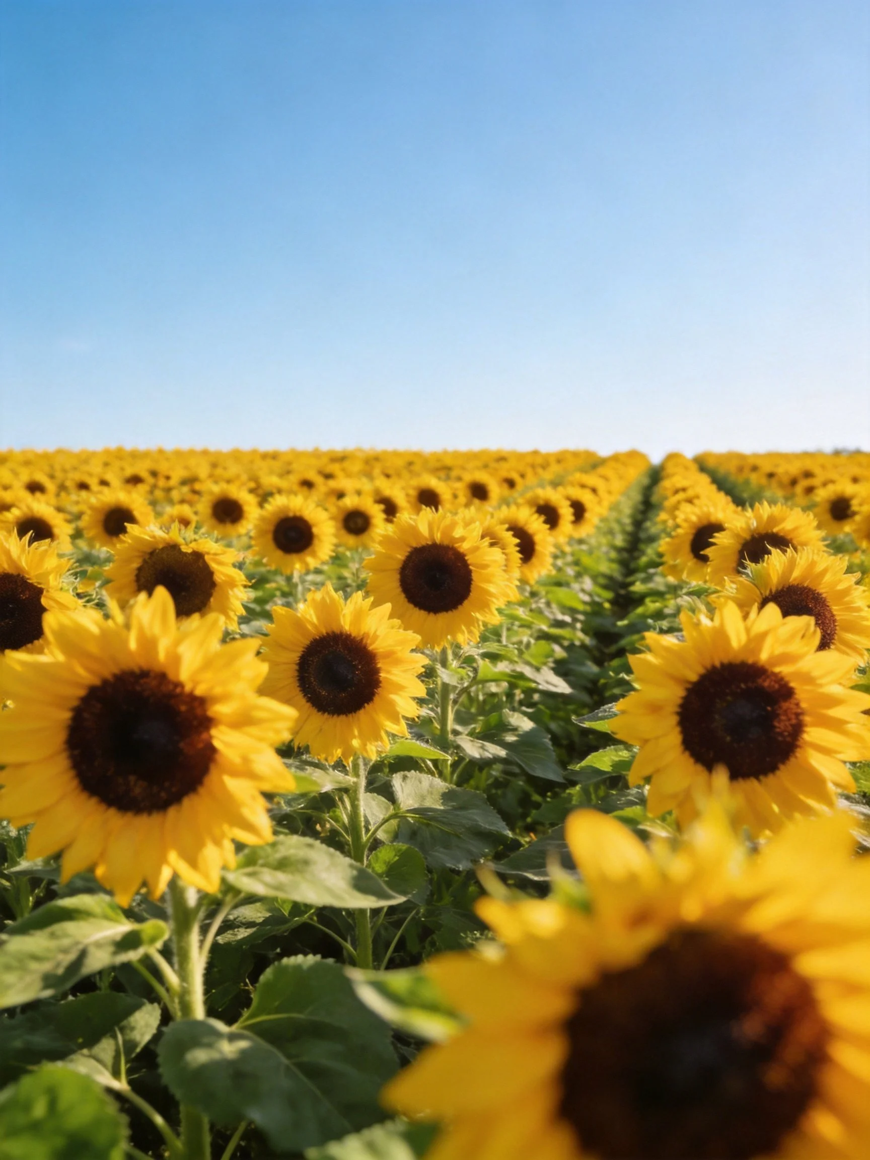 Vast Sunflower Field with Bright Yellow Blooms Under Clear Blue Sky