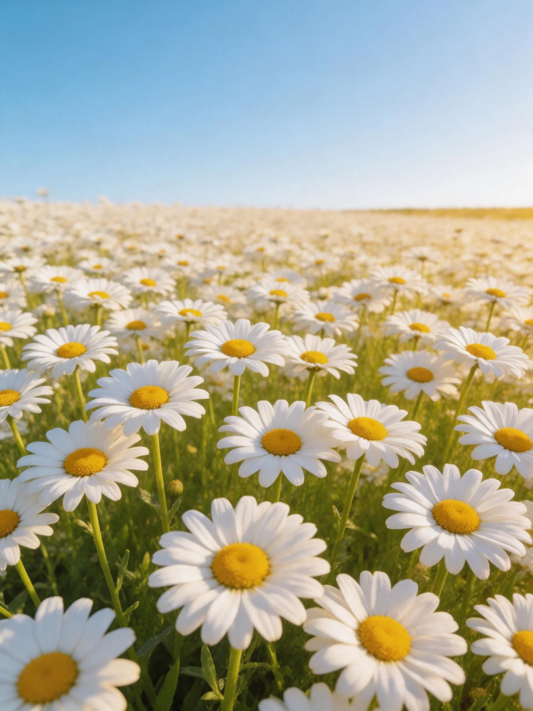 Vast field filled with white daisies having yellow centers under clear blue sky