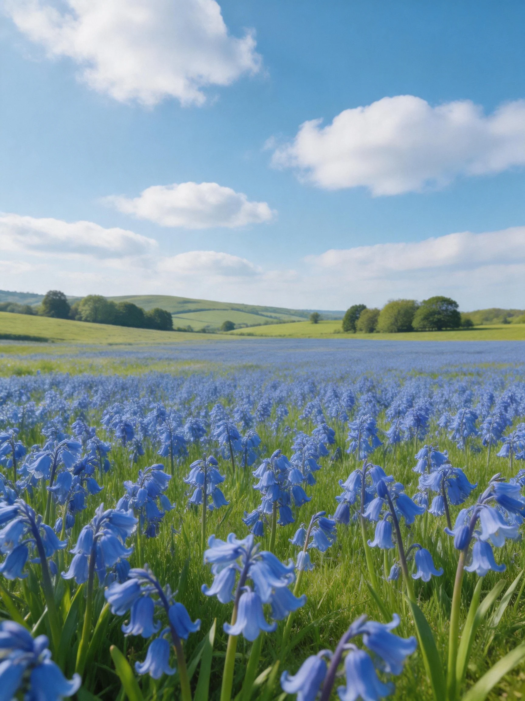 Vast field of bluebell flowers under a bright sky