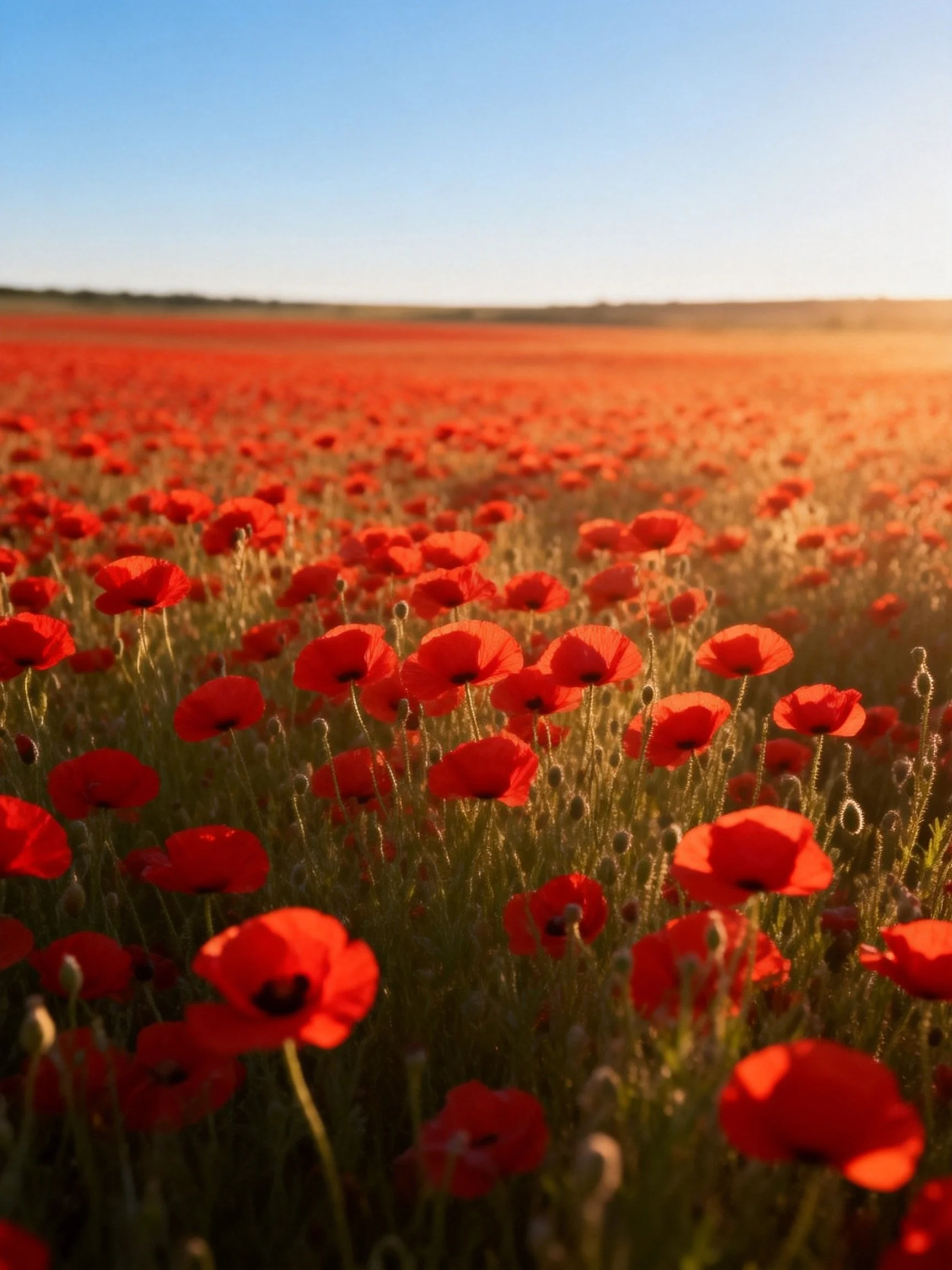 Vast field of bright red poppies under clear blue sky