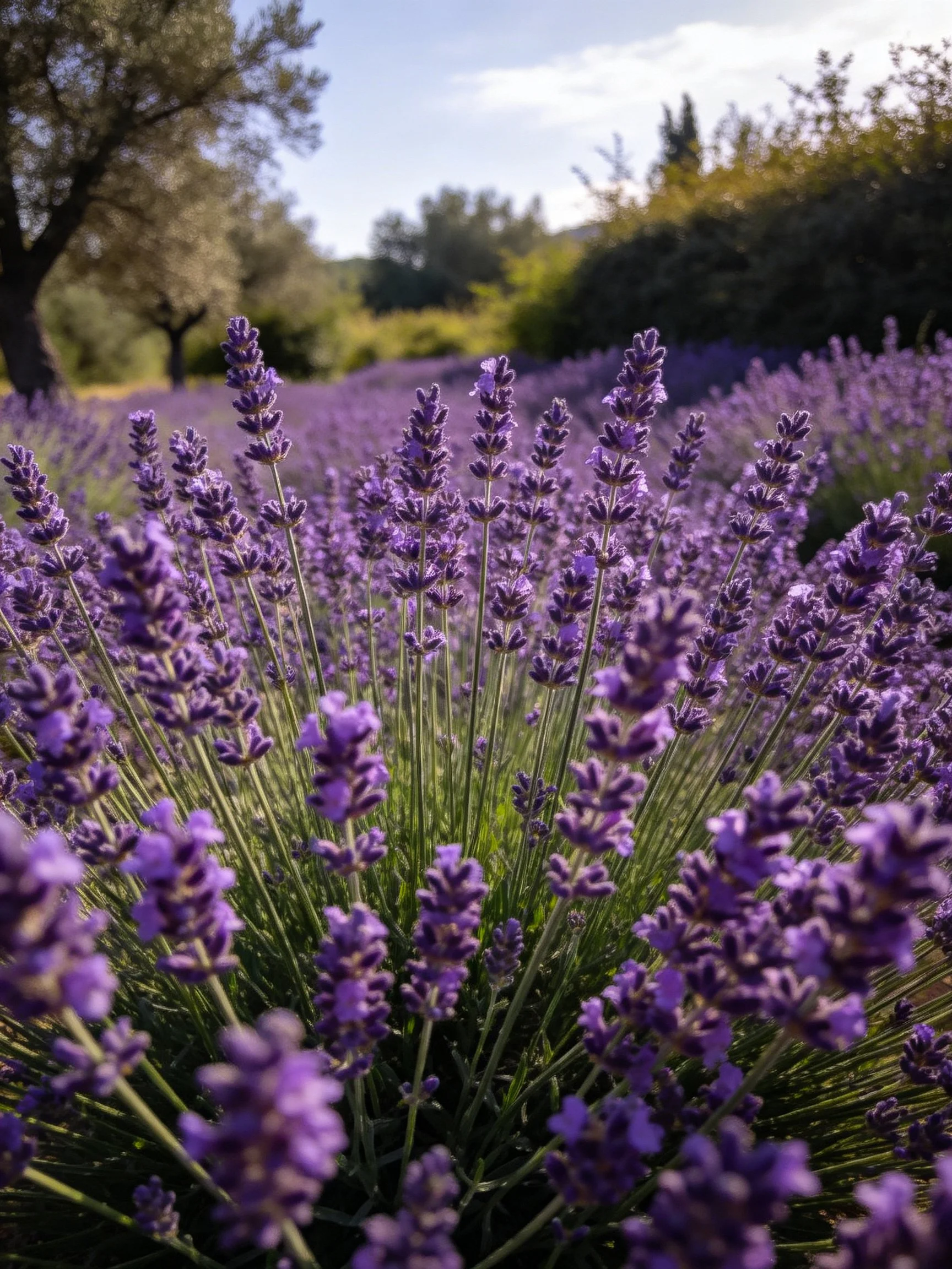 Vast field of vibrant purple lavender blooms under sunny sky