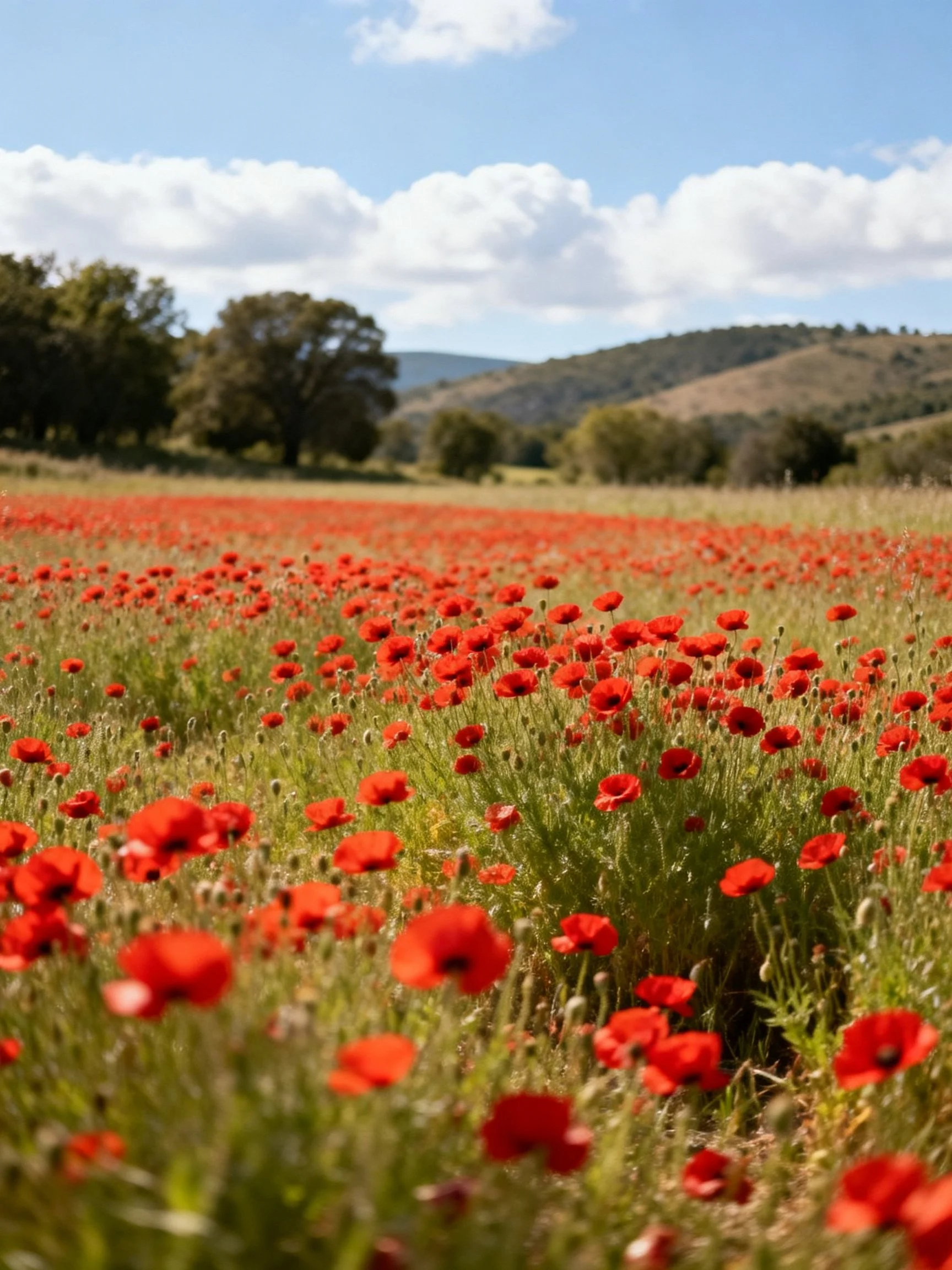 Vast field of vibrant red poppies, green meadow, and distant hills