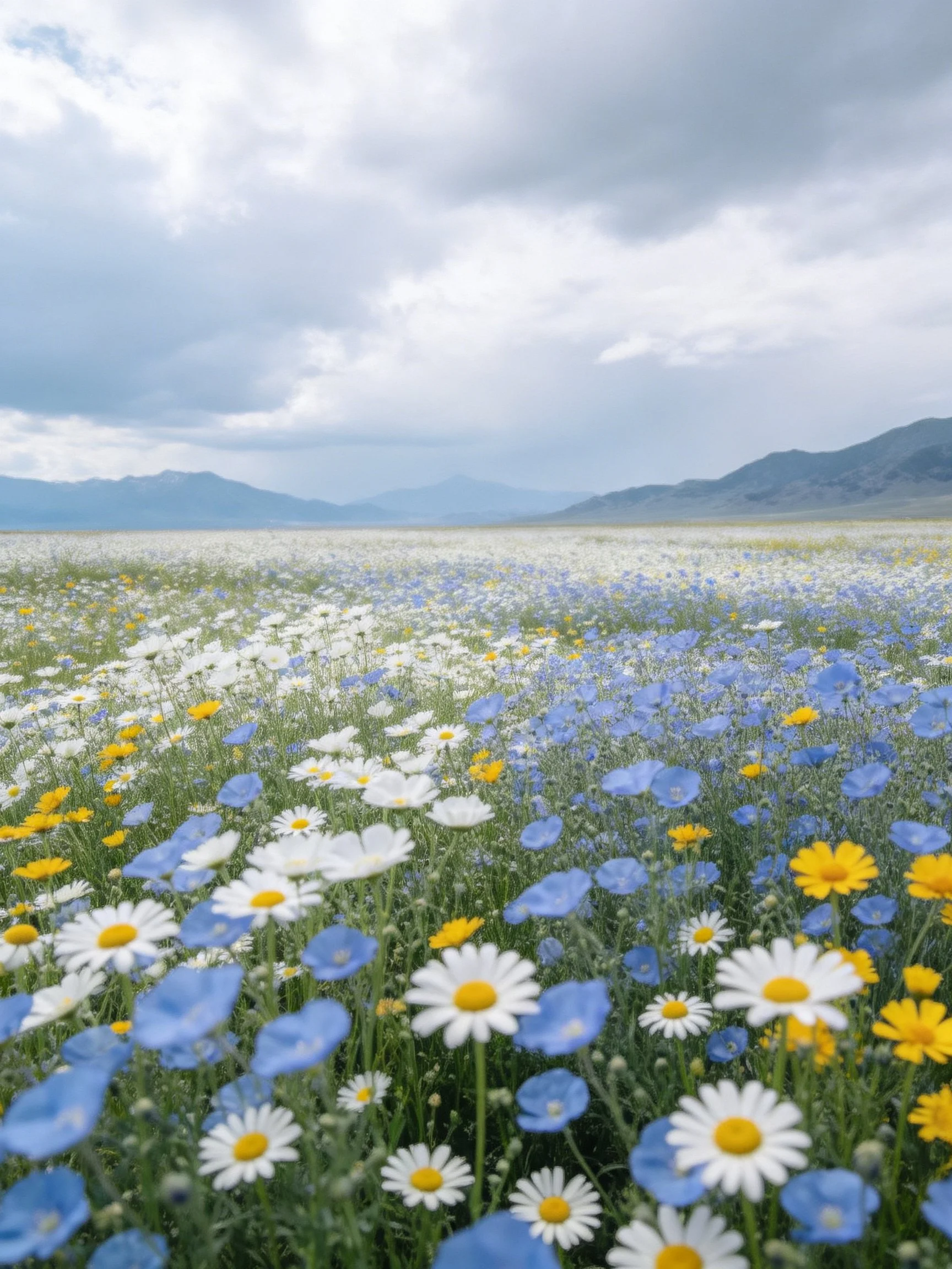 Vast meadow of white, blue, and yellow wildflowers near distant mountains