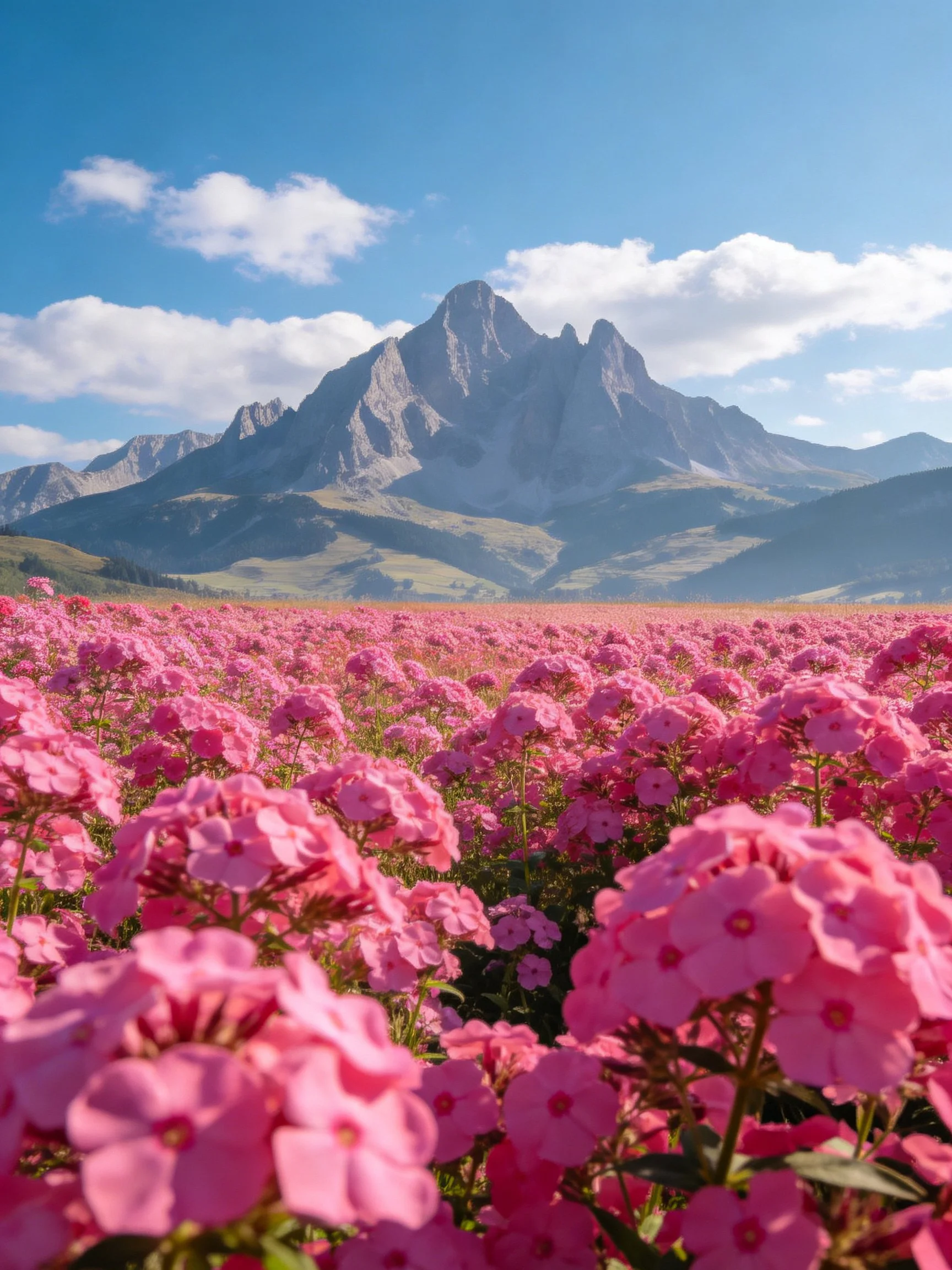 Vast pink flower field with towering mountain backdrop