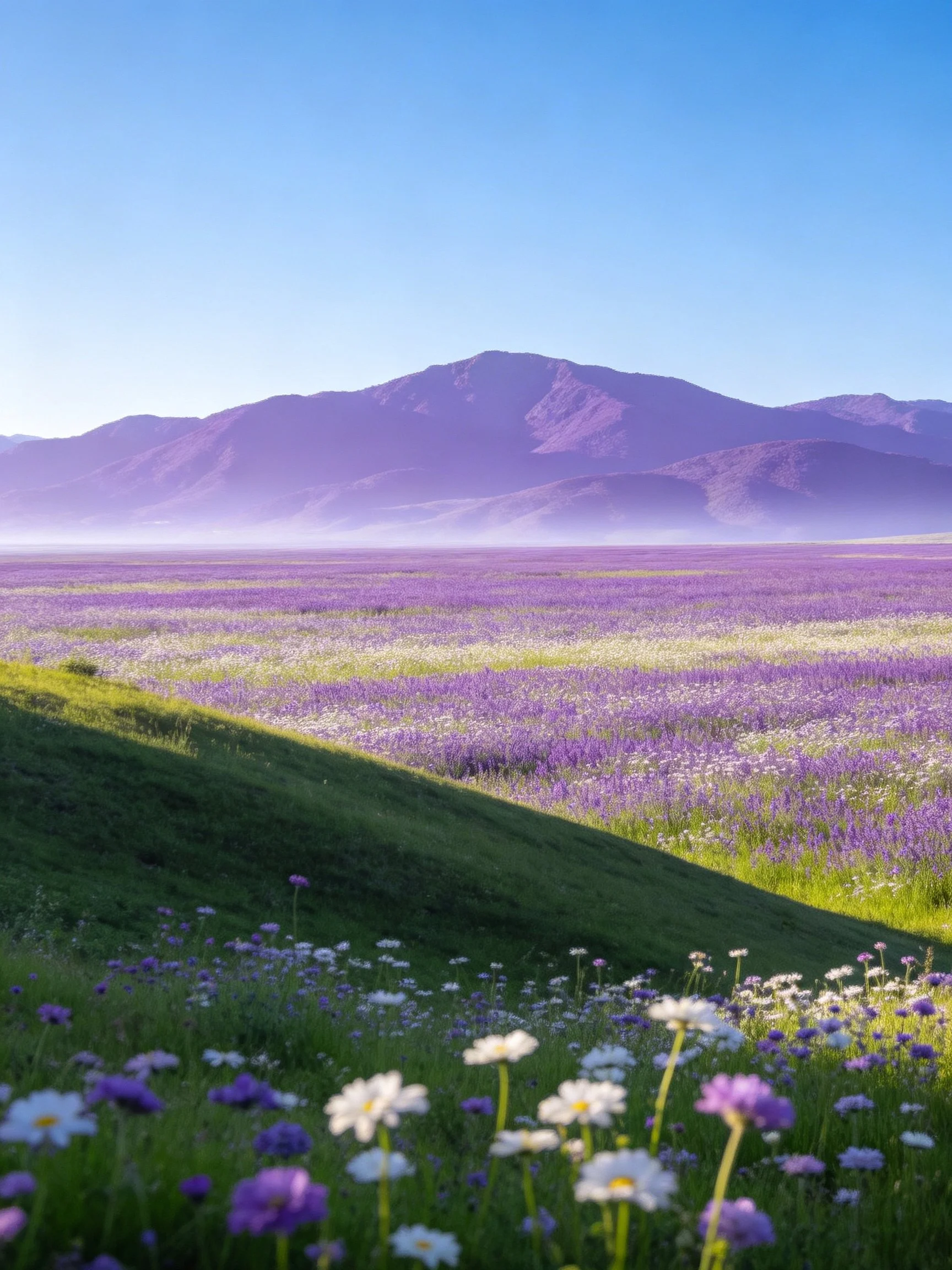 Vast purple flower meadow, green hillside, mountain backdrop