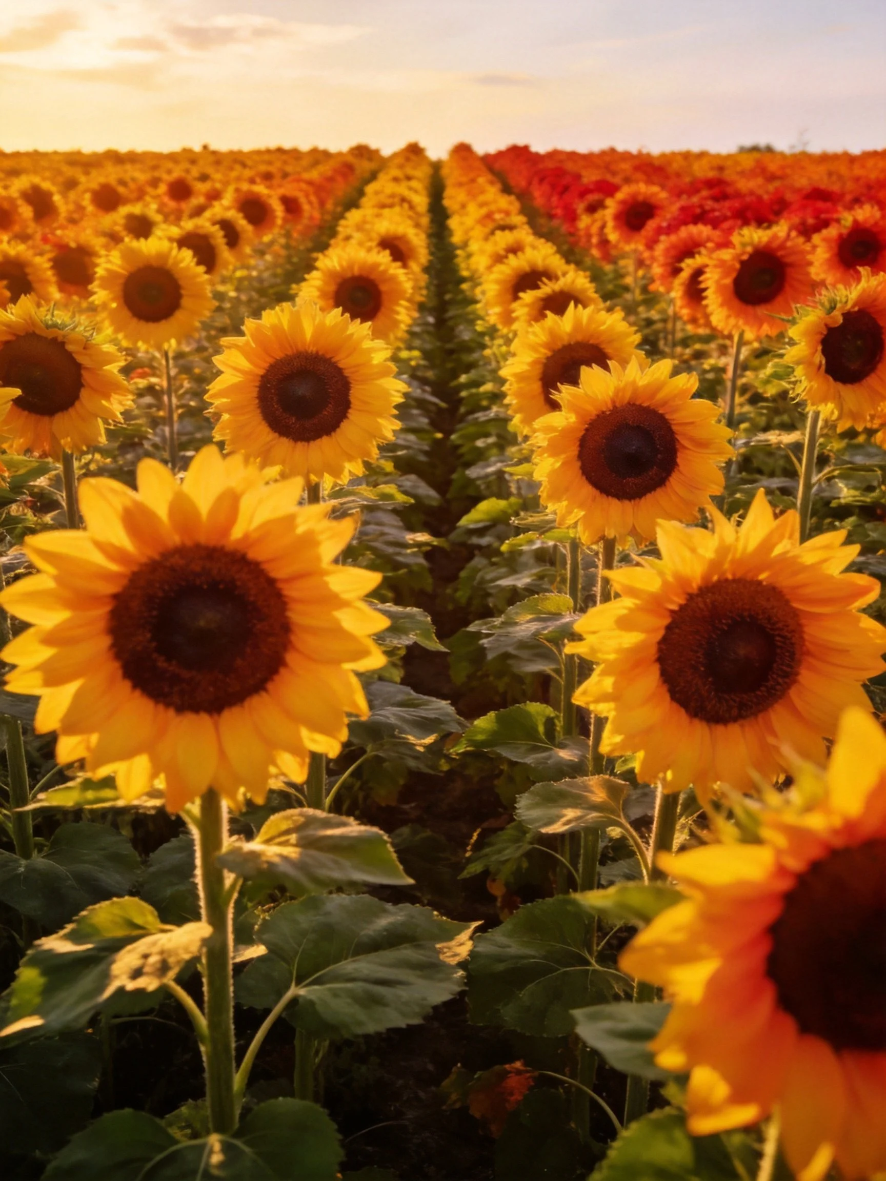 Vast sunflower field with bright yellow blooms under golden sunset