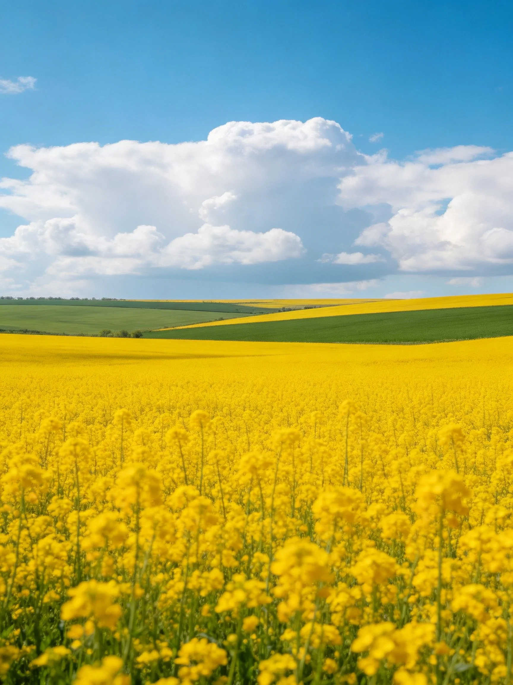 Vast yellow flower field with green rolling hills and blue sky