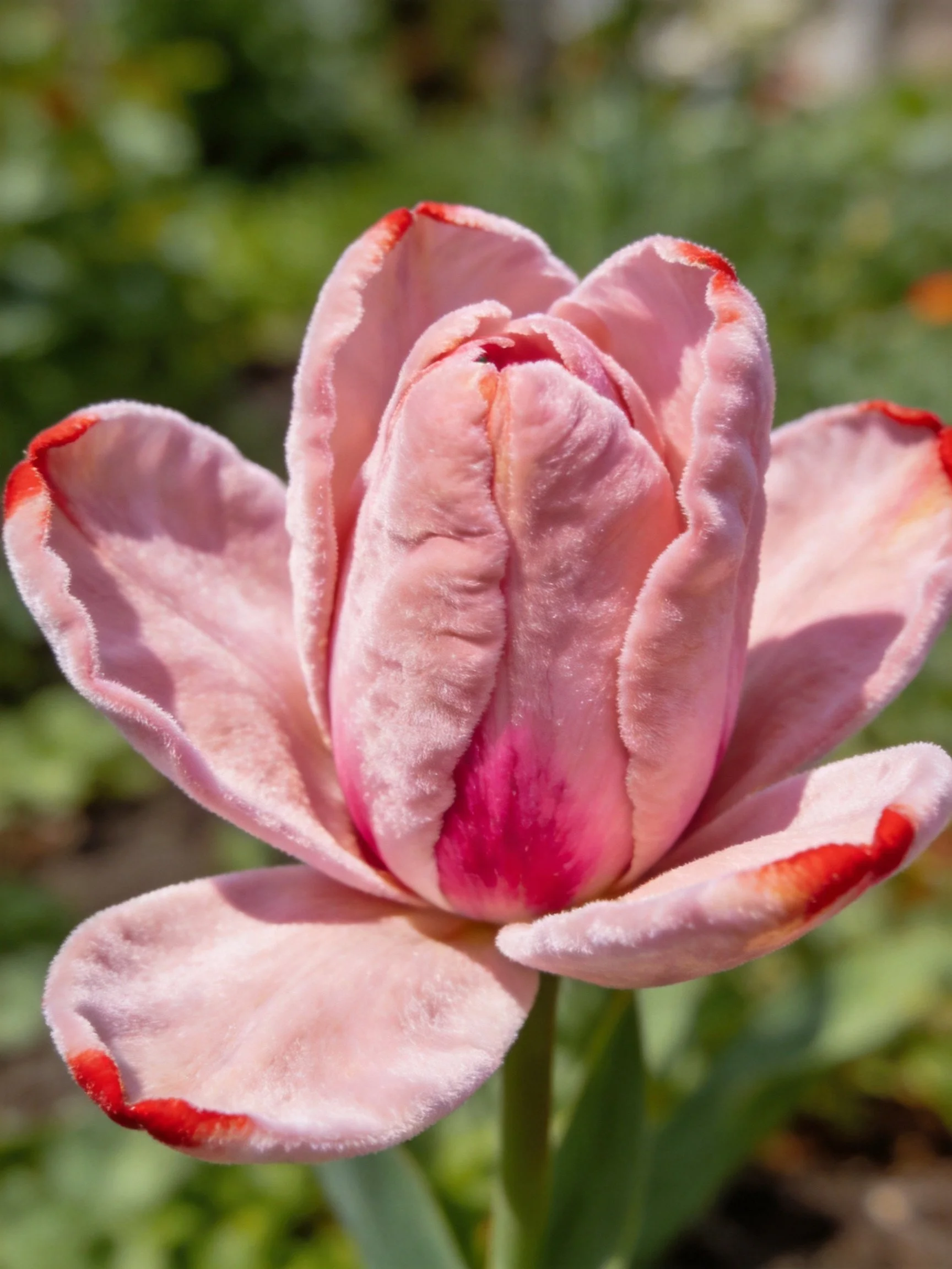 Velvet - textured pink flower with red petal edges