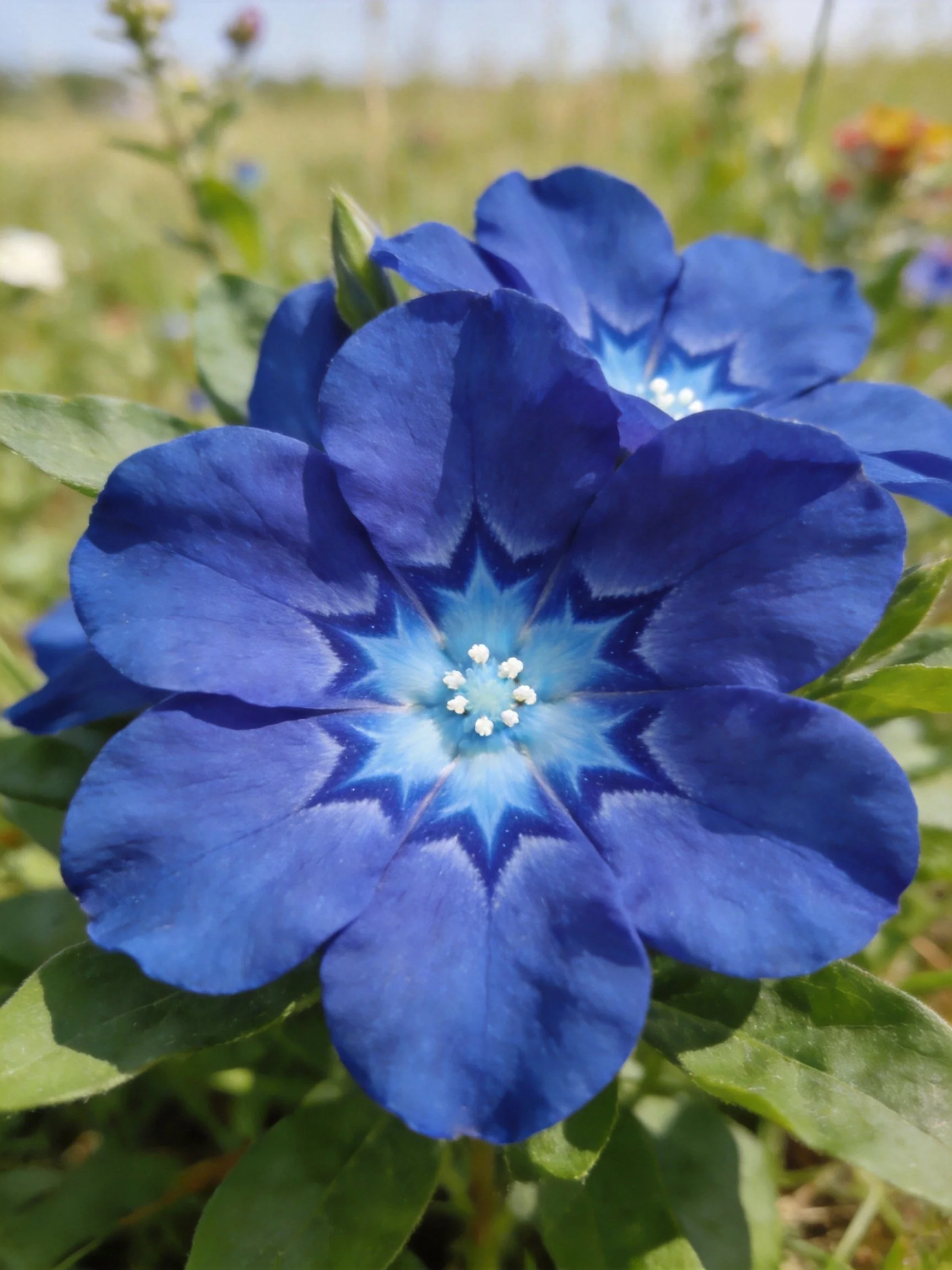 Vibrant Blue Flowers with Star-Shaped Centers Among Green Foliage