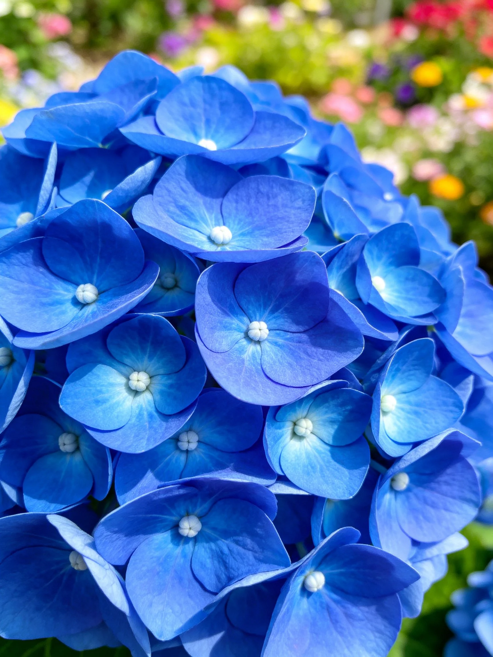 Vibrant Blue Hydrangea Cluster with Colorful Garden Background