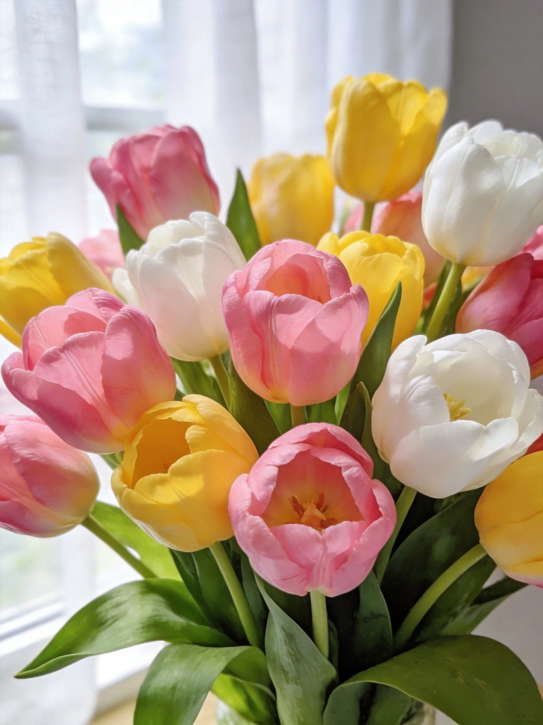 Vibrant Bouquet of Pink, Yellow, and White Tulips with Lush Green Foliage