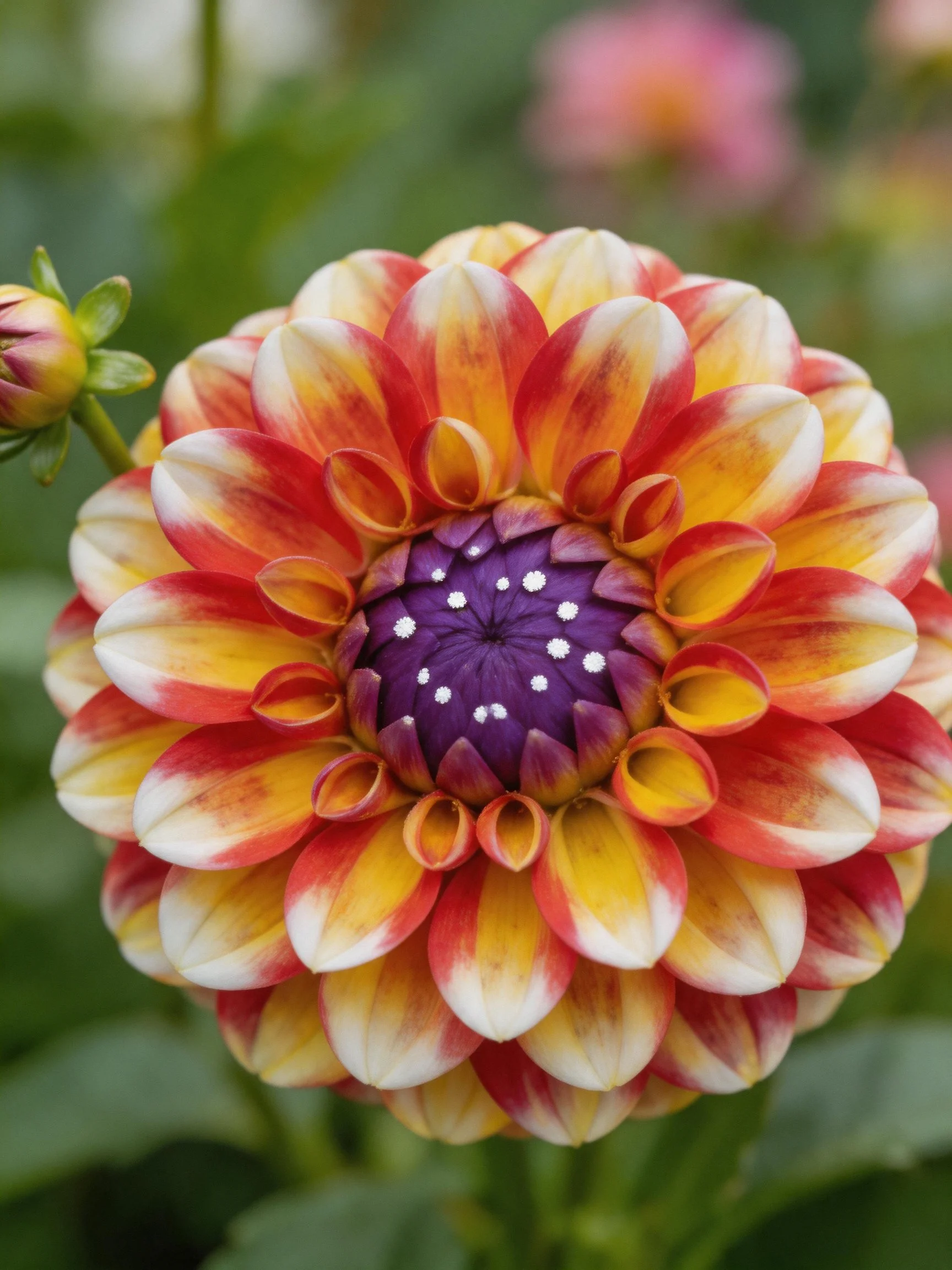 Vibrant Dahlia Displaying Red, Yellow, White Petals