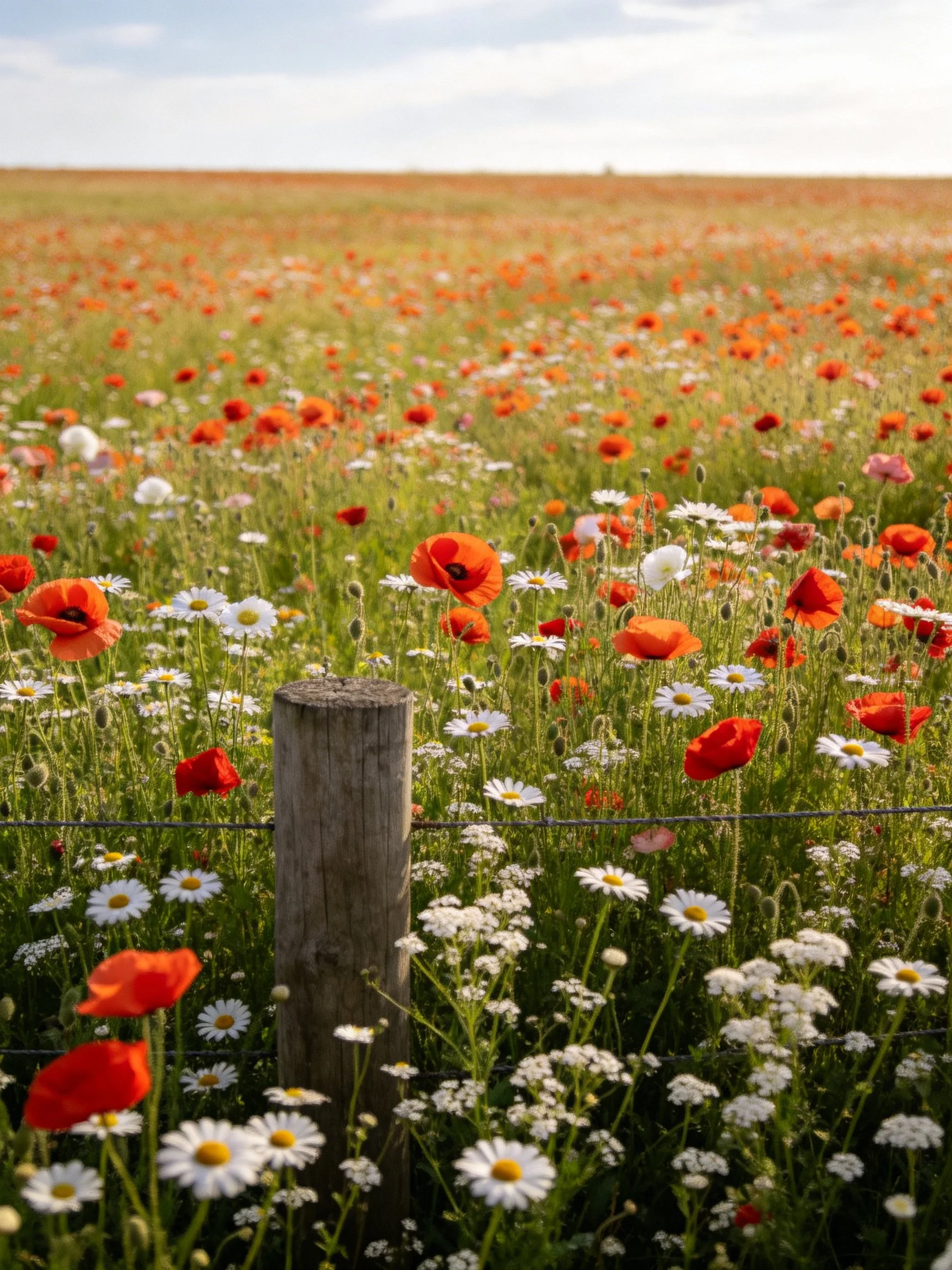 Vibrant Field of Red Poppies and White Daisies Under Bright Sky