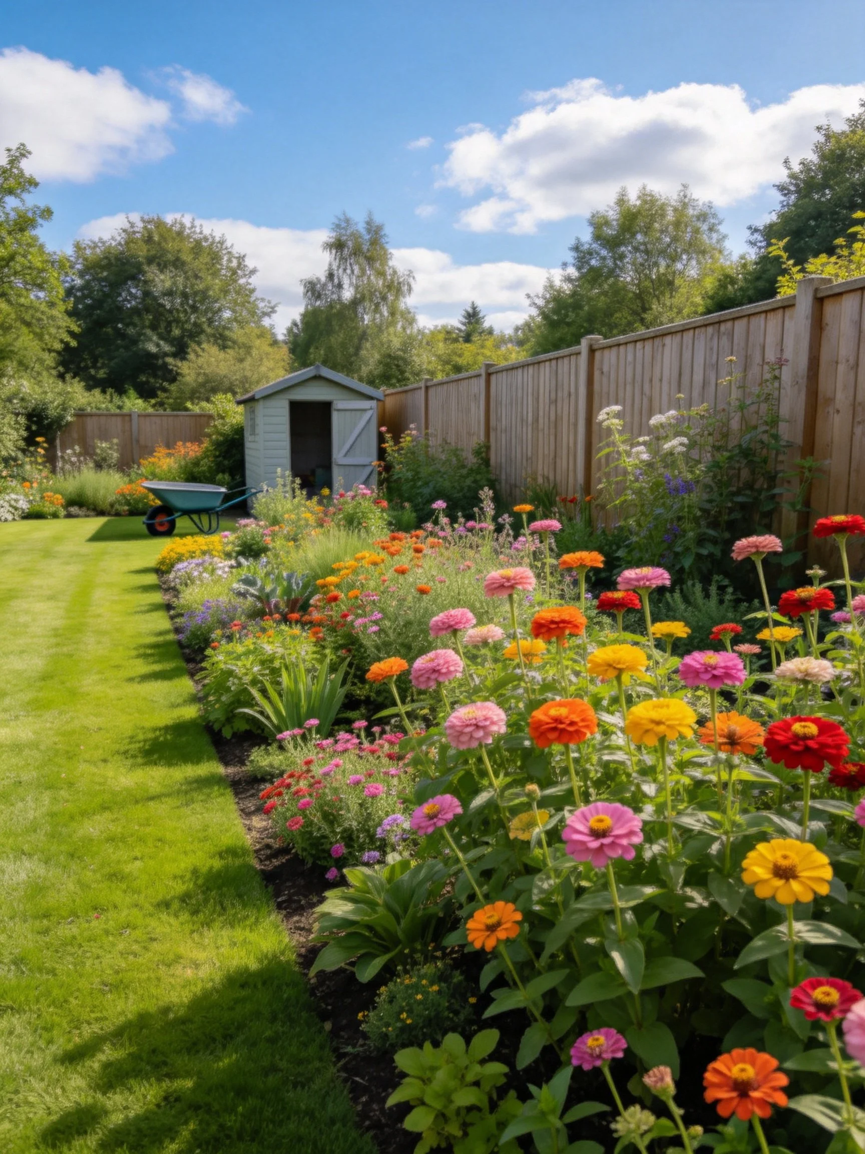 Vibrant Flower Garden with Lawn, Shed, and Fence