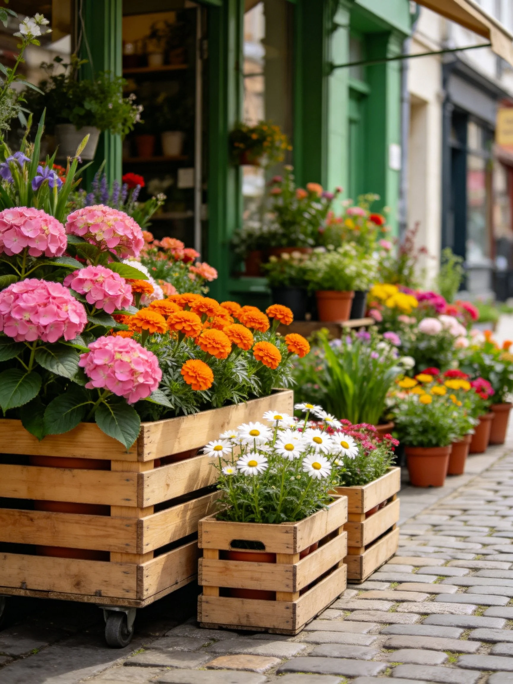 Vibrant Flowers Arranged in Wooden Crates Along Cobblestone Street