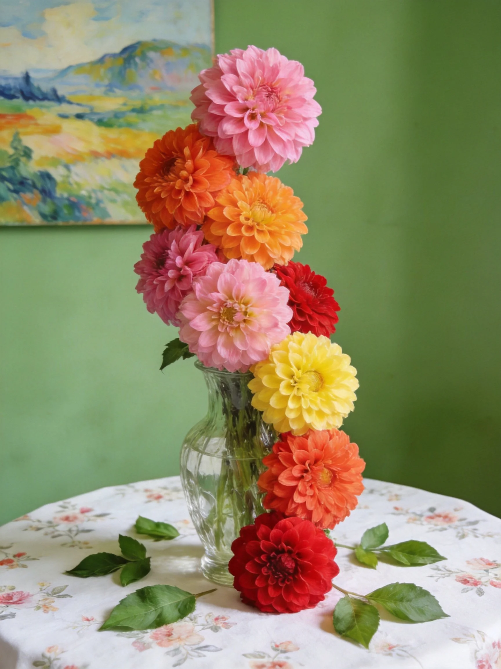 Vibrant Multi-colored Dahlias in a Glass Vase on a Floral Table