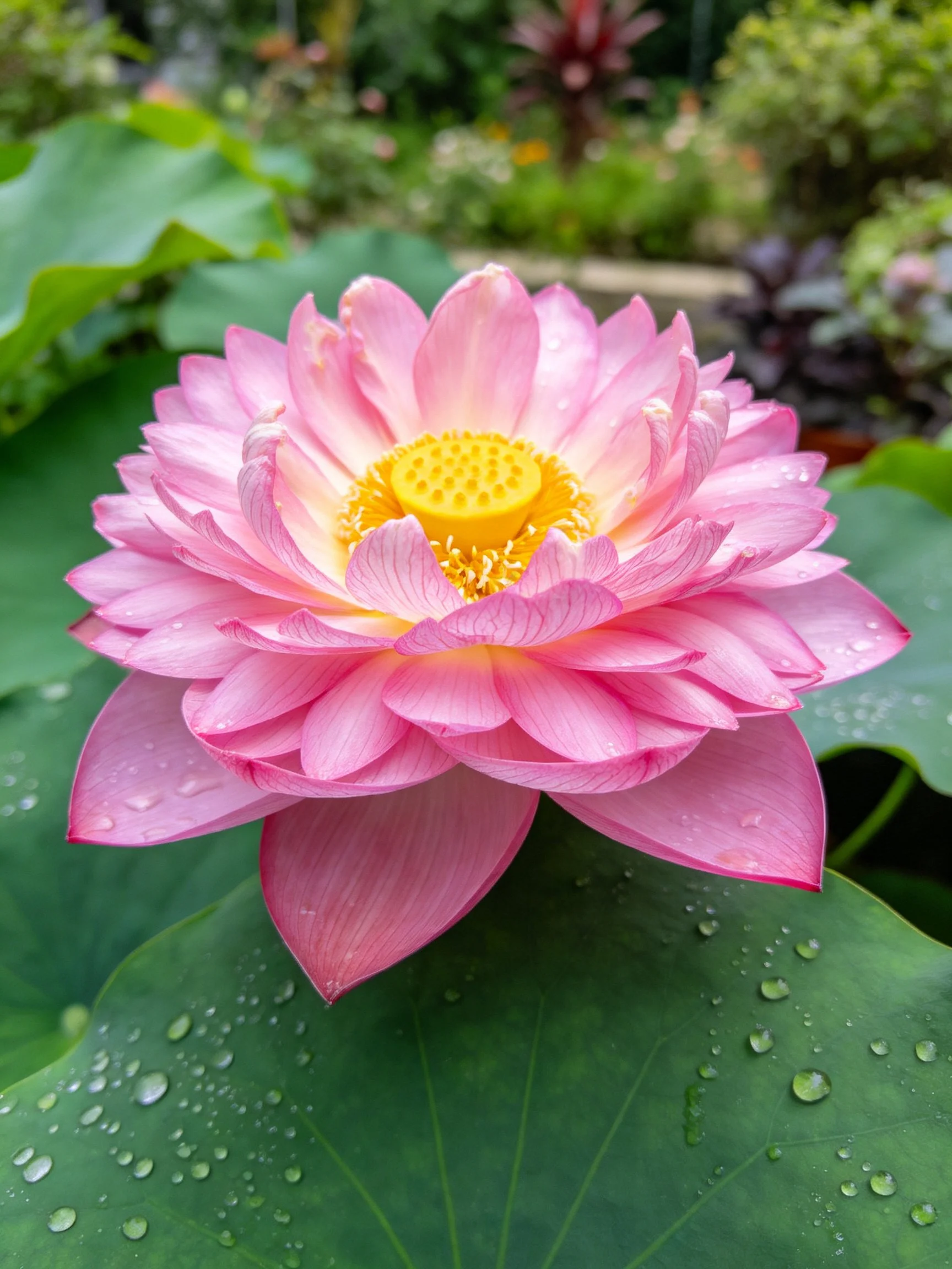 Vibrant Pink Lotus with Yellow Core and Dew-Covered Leaves