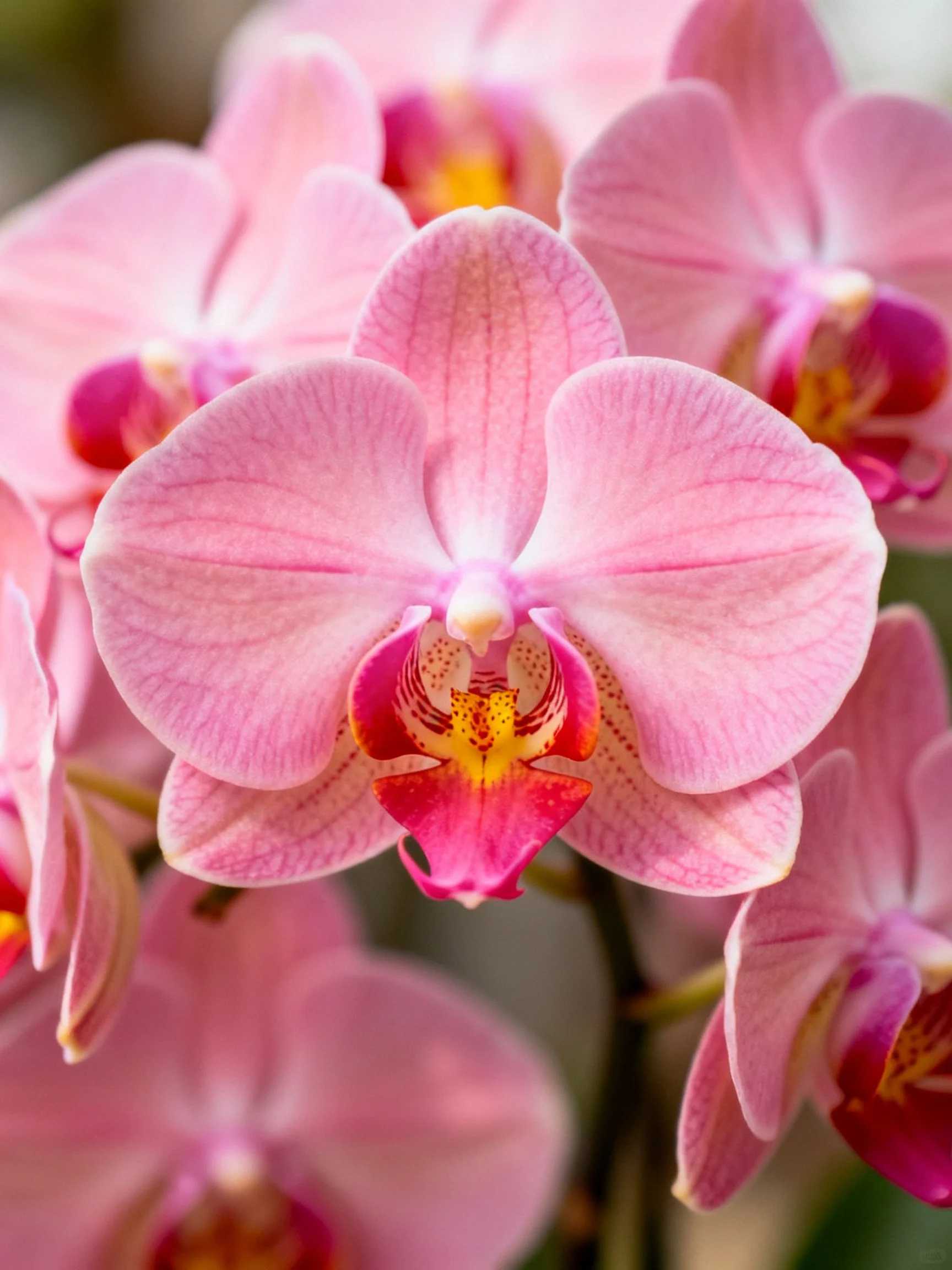 Vibrant Pink Orchid Blooms with Yellow and Red Centers
